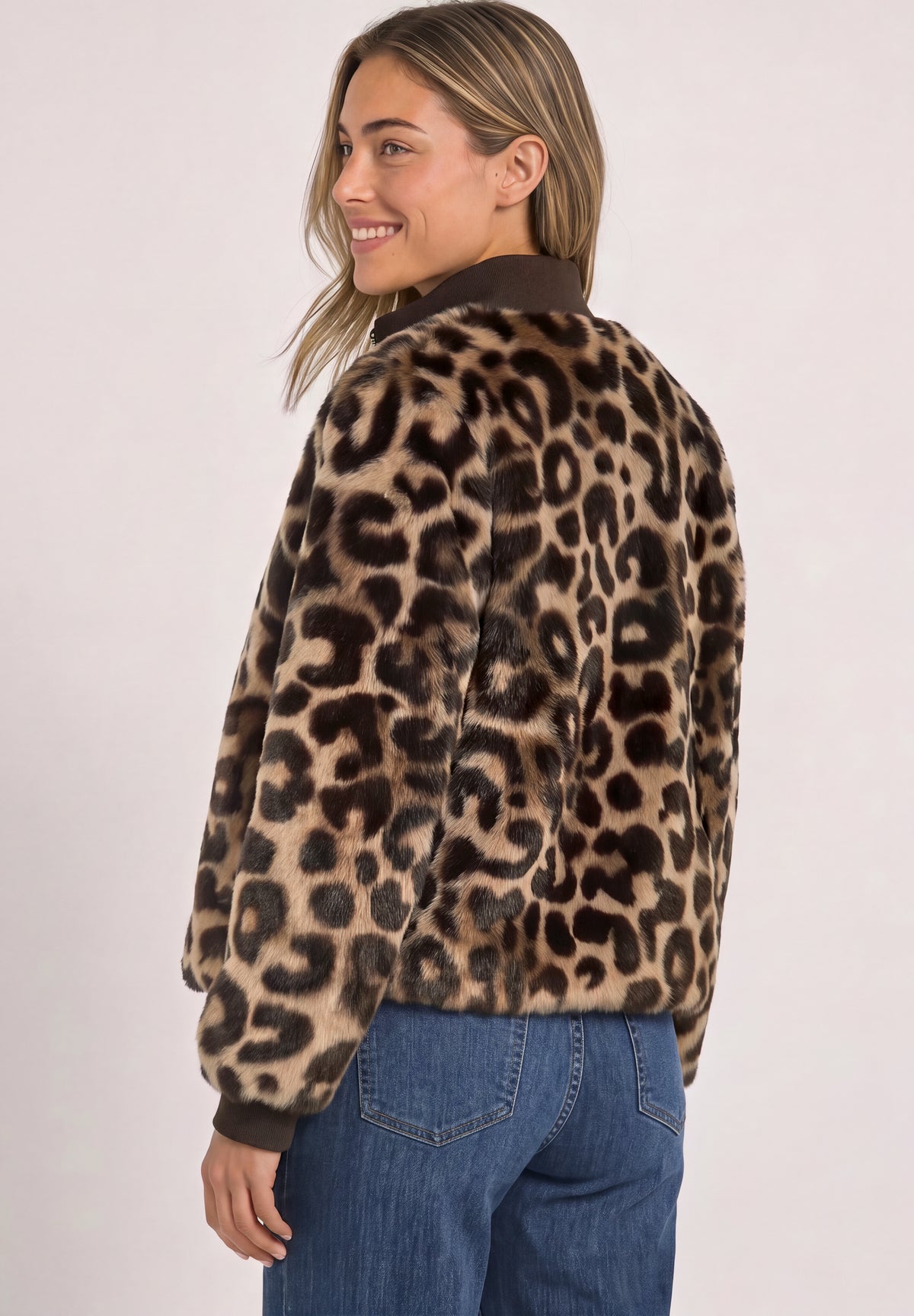 Fake Fur Blouson mit Strickdetails und Print