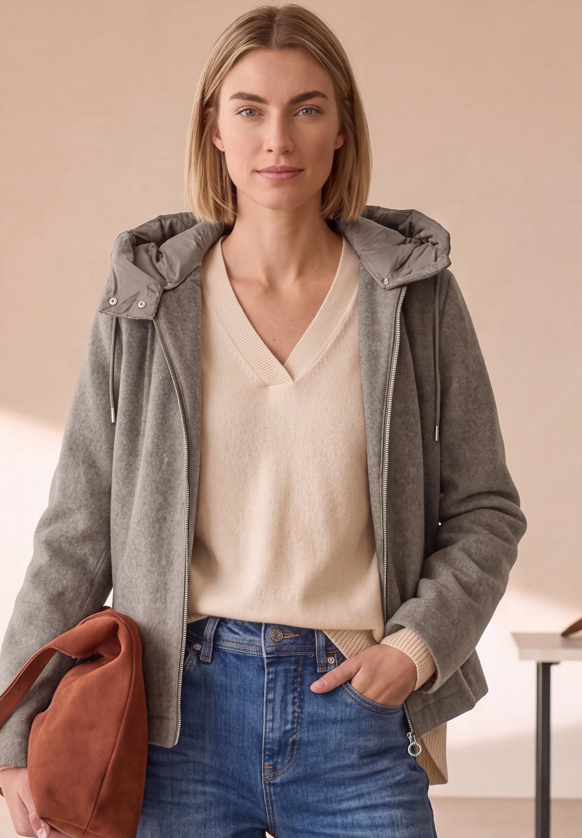 Jacke mit Wollanteil und abnehmbarer Kapuze
