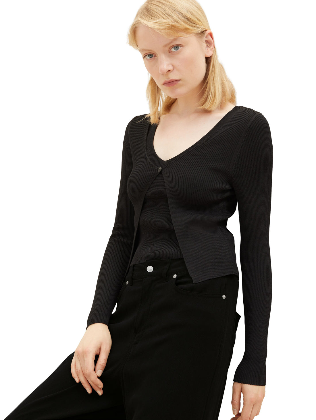 Tom Tailor Denim Bluse mit integriertem Top Damen V-Ausschnitt Regular Fit