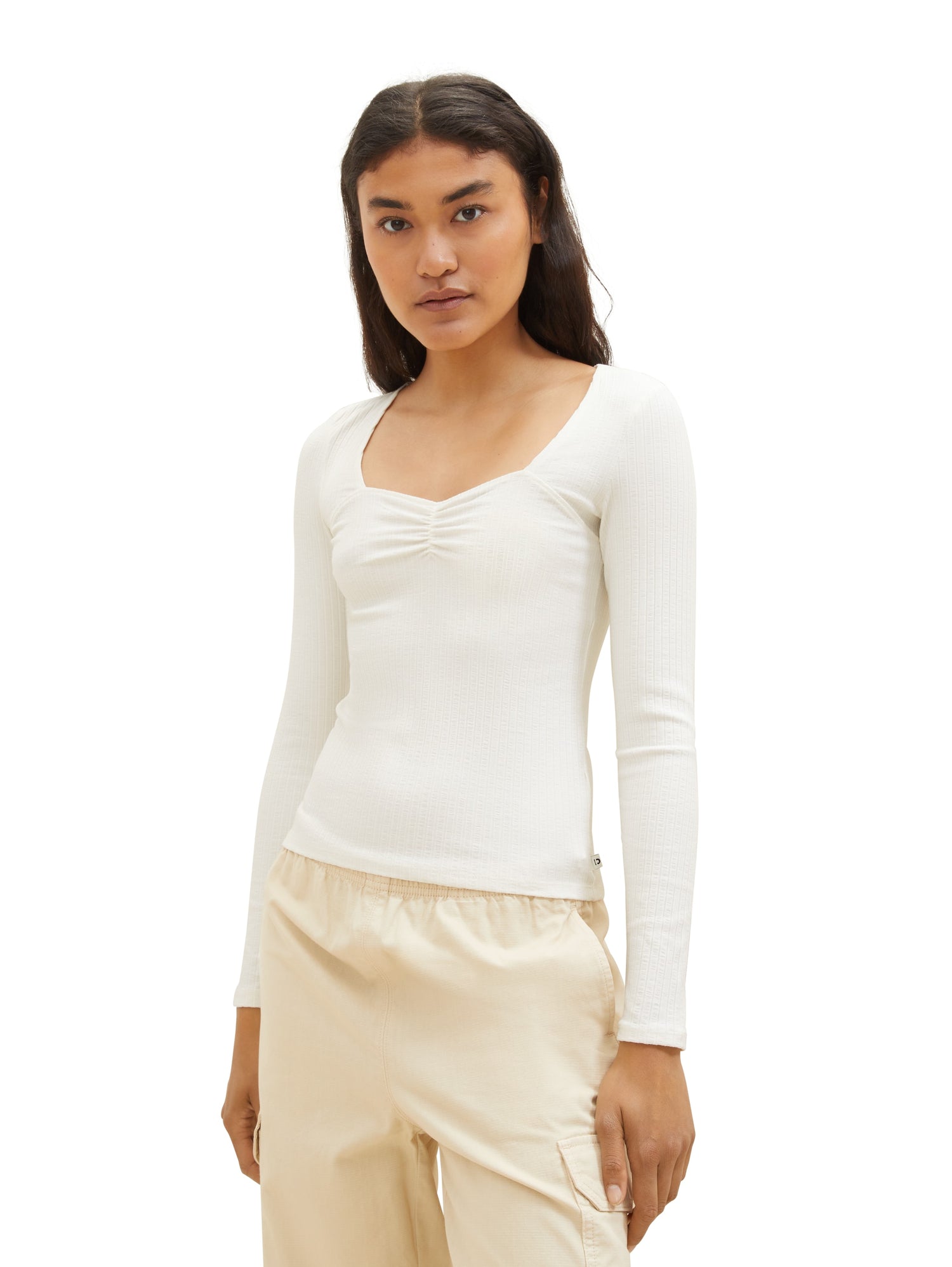 Tom Tailor Damen Langarmshirt Karree Ausschnitt Rippstruktur