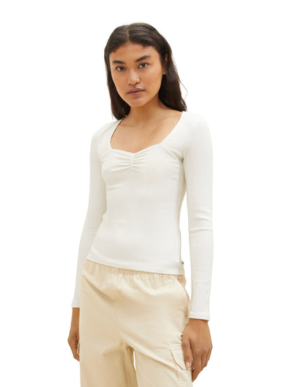 Tom Tailor Damen Langarmshirt Karree Ausschnitt Rippstruktur