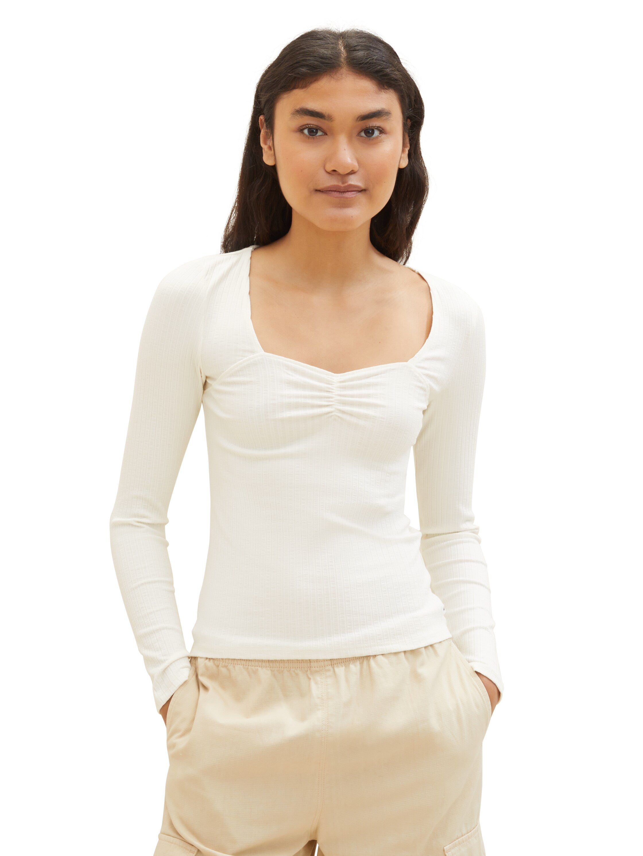 Tom Tailor Damen Langarmshirt Karree Ausschnitt Rippstruktur