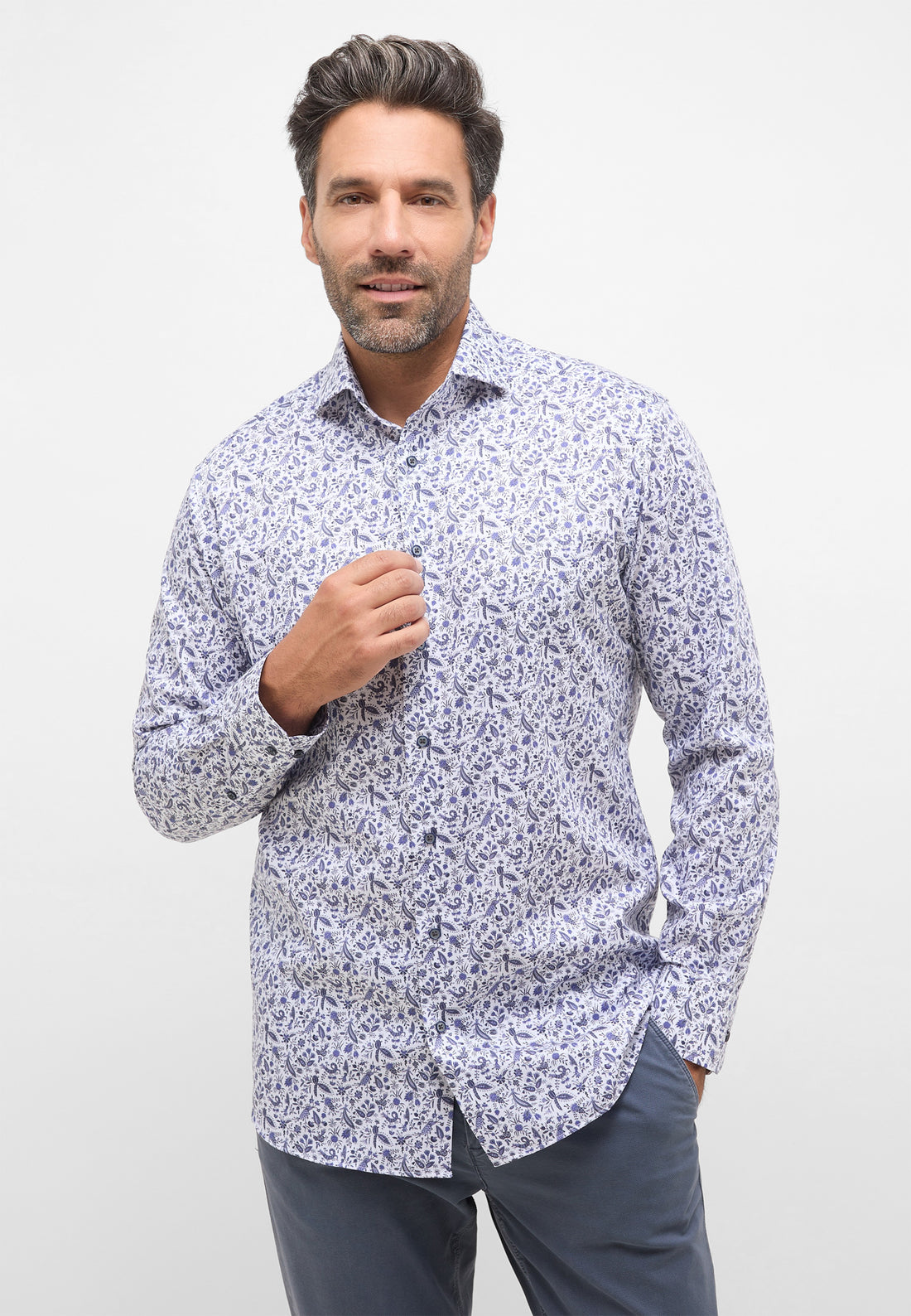Eterna Langarmhemd Modern Fit Herren Alloverprint Hai-Kragen