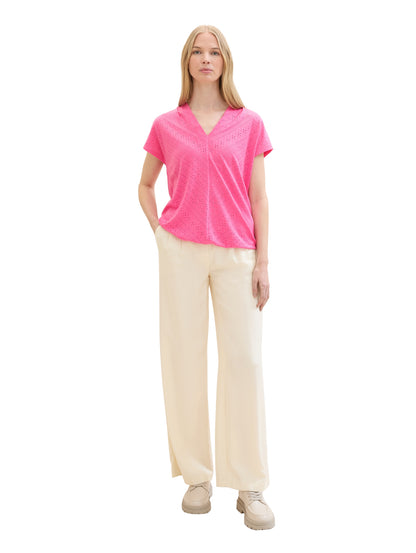 Tom Tailor Denim Lochmuster V-Ausschnitt T-Shirt für Damen