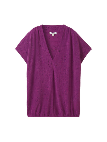 Tom Tailor Denim Lochmuster V-Ausschnitt T-Shirt für Damen