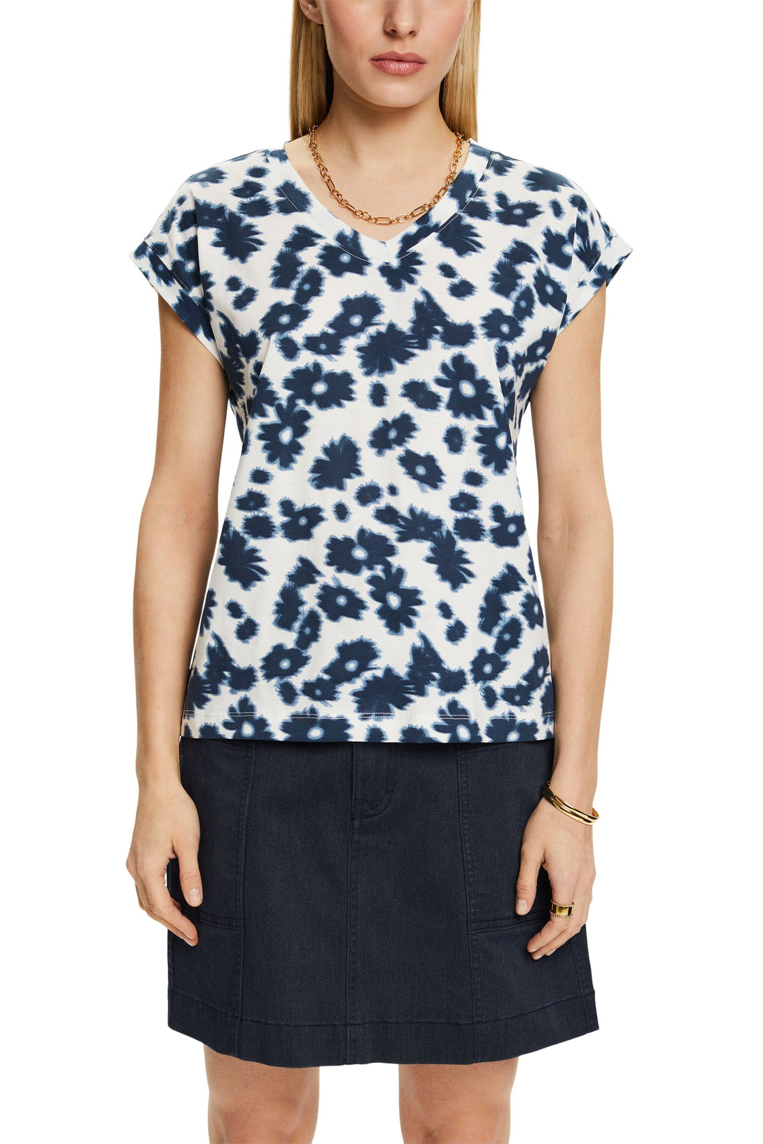 ESPRIT Damen T-Shirt V-Ausschnitt Allover-Print 100% Baumwolle
