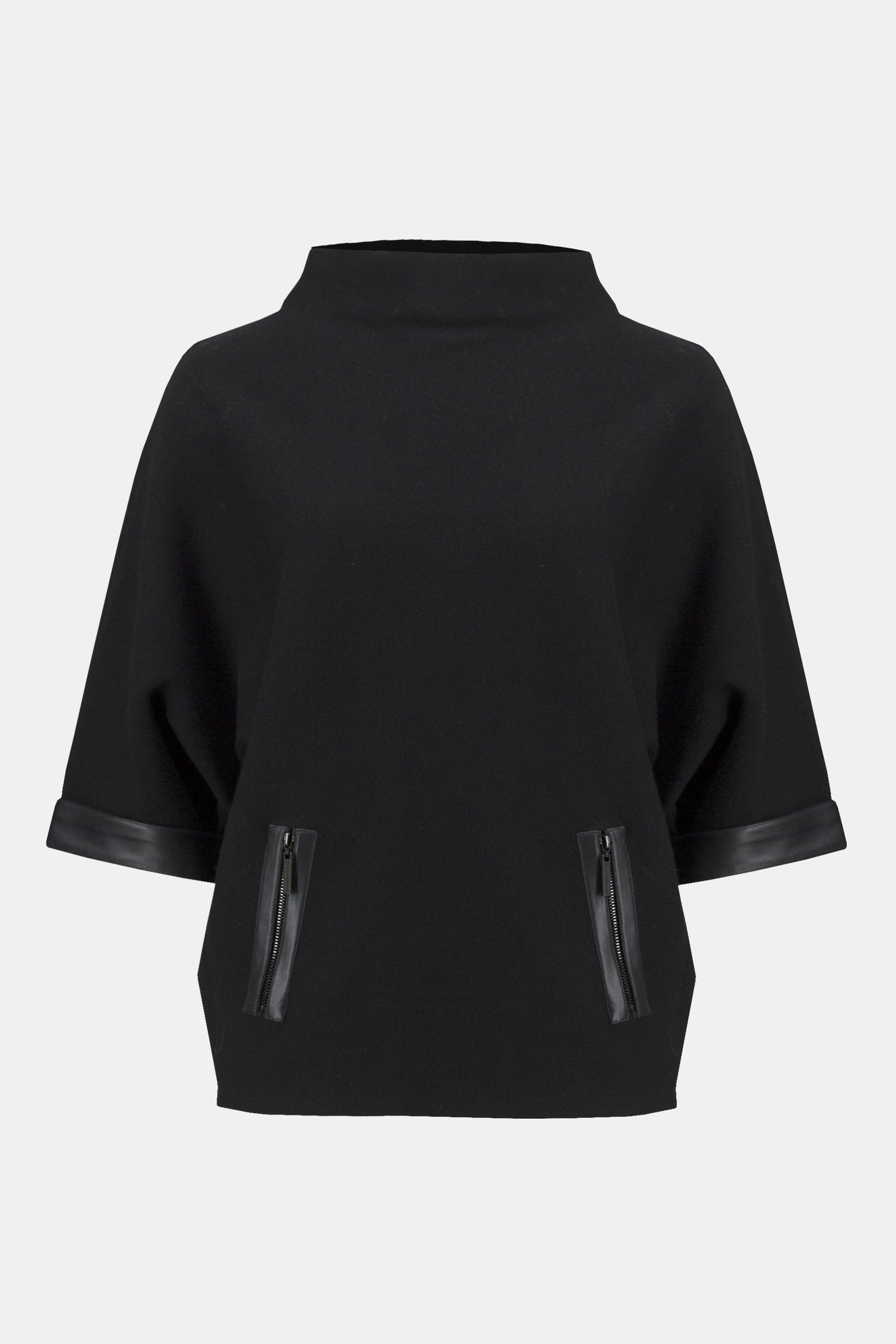 Trichterkragen Oberteil Damen Lederbesätze Reißverschluss