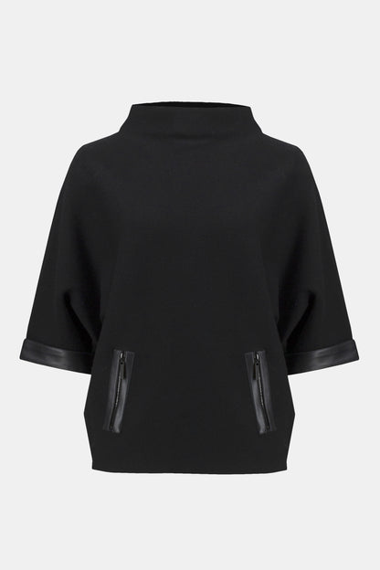 Trichterkragen Oberteil Damen Lederbesätze Reißverschluss