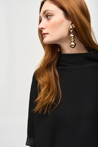 Trichterkragen Oberteil Damen Lederbesätze Reißverschluss