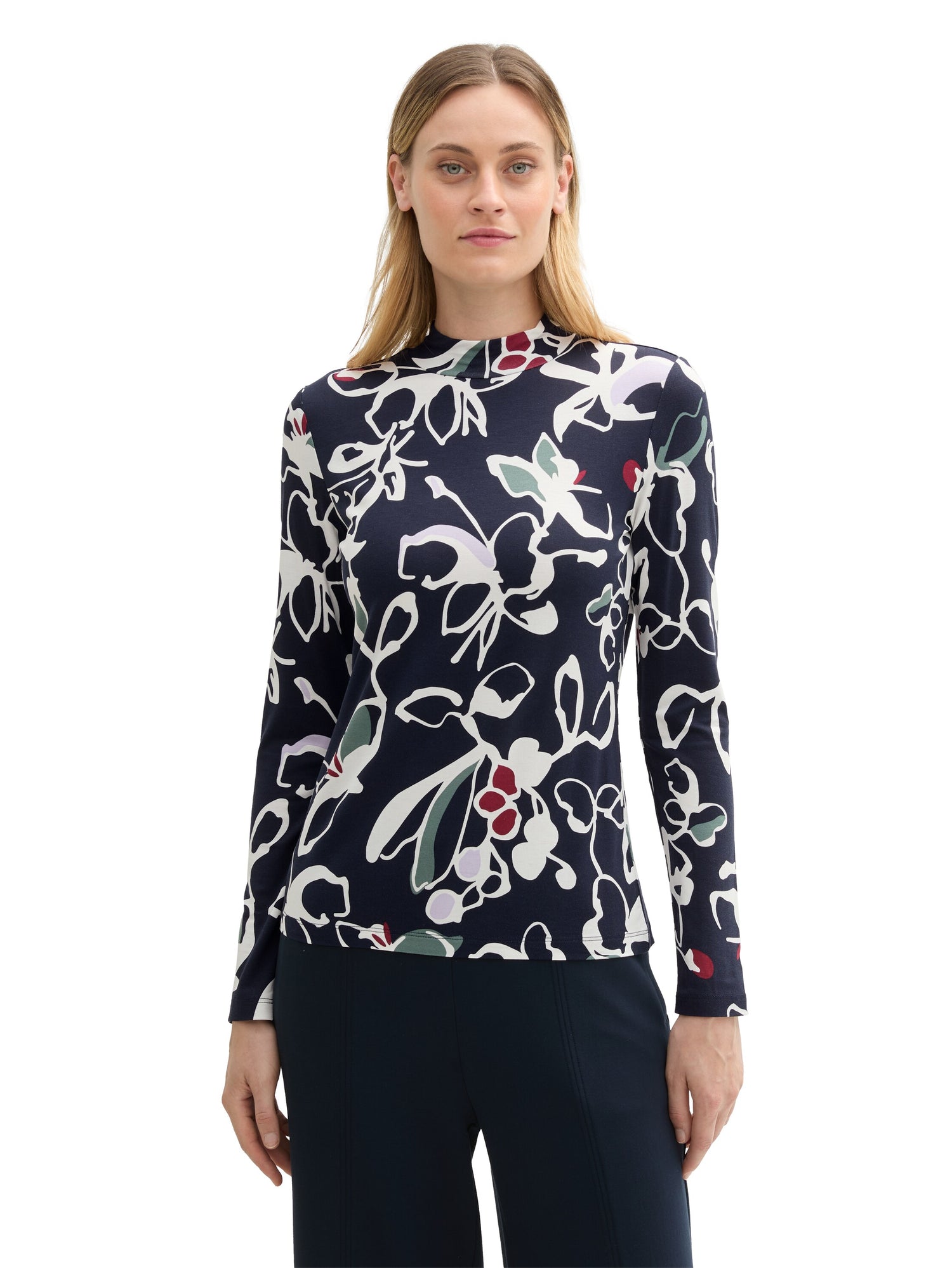 Gemustertes Langarmshirt Damen Stehkragen Viskose Elasthan