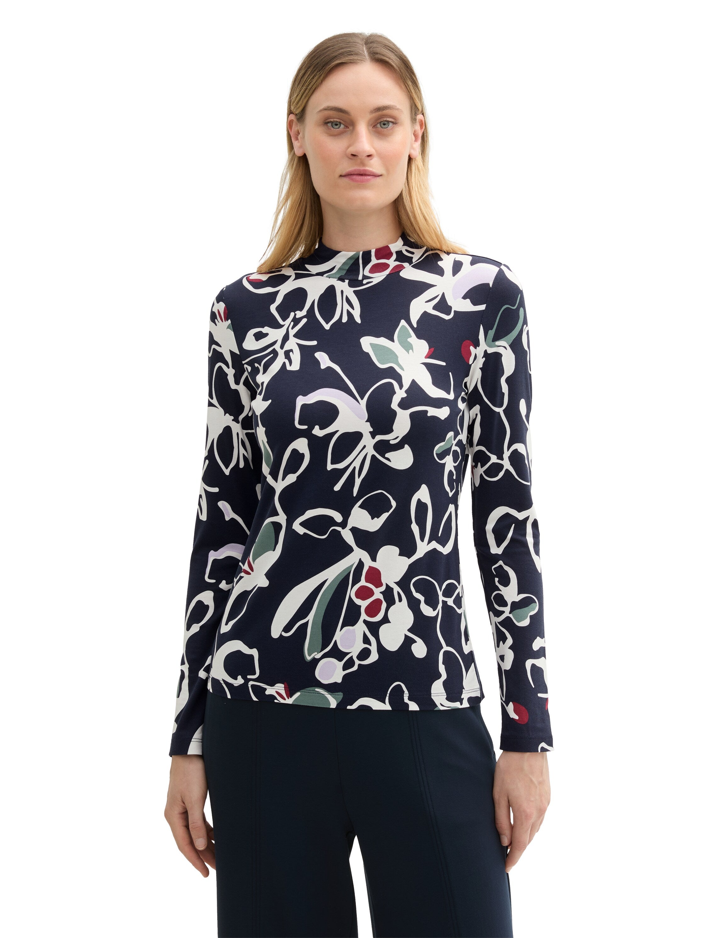 Gemustertes Langarmshirt Damen Stehkragen Viskose Elasthan