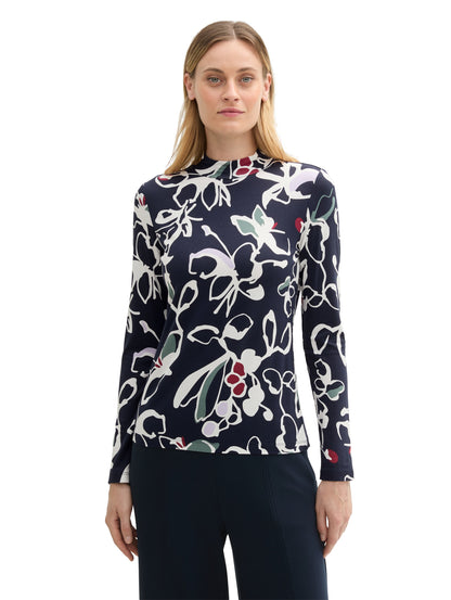 Gemustertes Langarmshirt Damen Stehkragen Viskose Elasthan