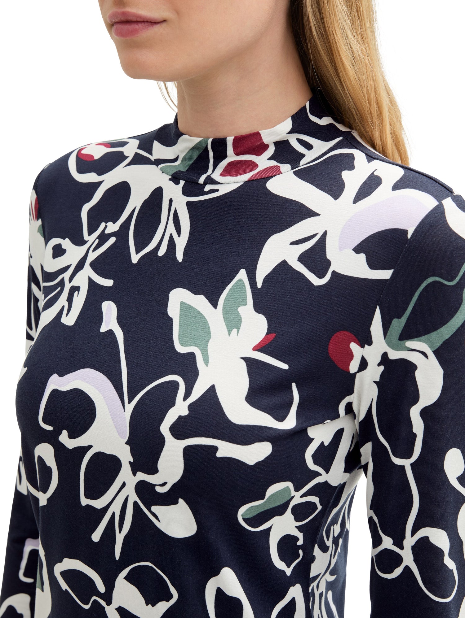 Gemustertes Langarmshirt Damen Stehkragen Viskose Elasthan