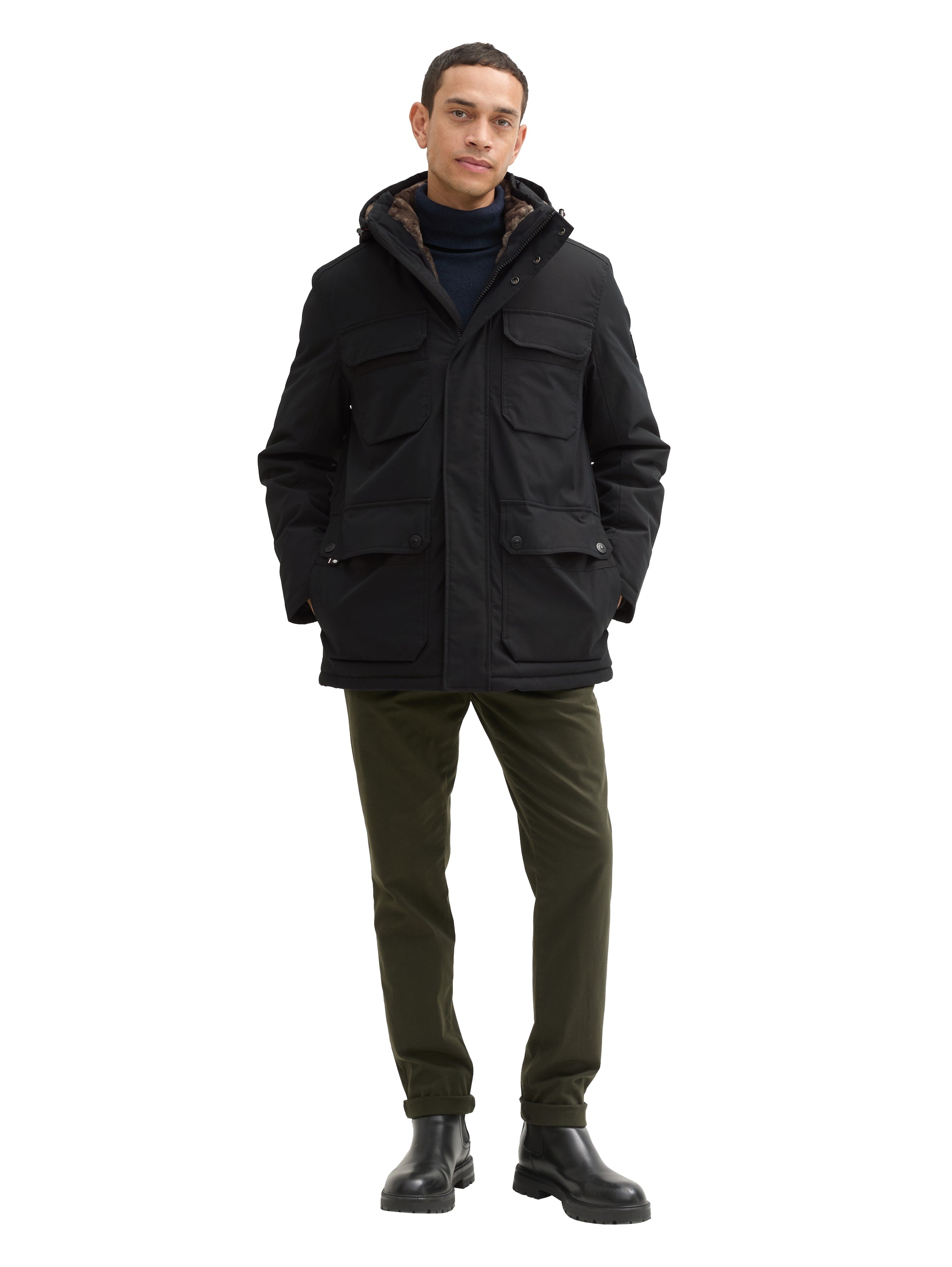 Tom Tailor Denim Winterjacke Herren mit abnehmbarer Kapuze und Logo Badge