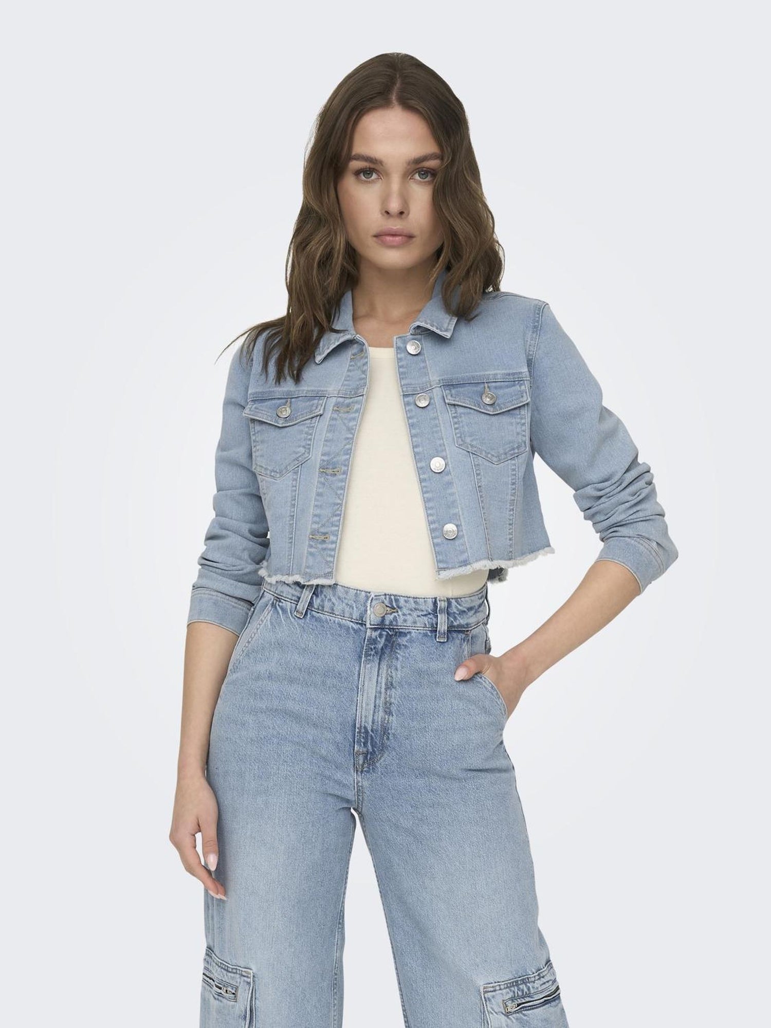 Bestseller Jeansjacke Damen Trendige Fly-Away Kragen Langarm Knopfleiste
