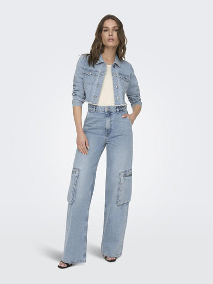 Bestseller Jeansjacke Damen Trendige Fly-Away Kragen Langarm Knopfleiste