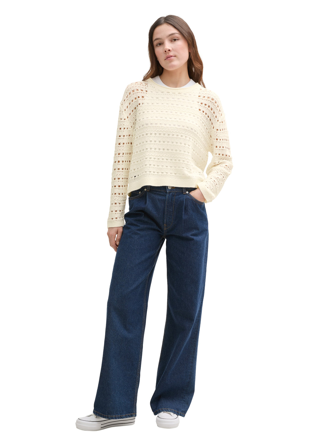 Tom Tailor Denim Pullover im Häkel-Style für Frauen mit überschnittener Schulternaht
