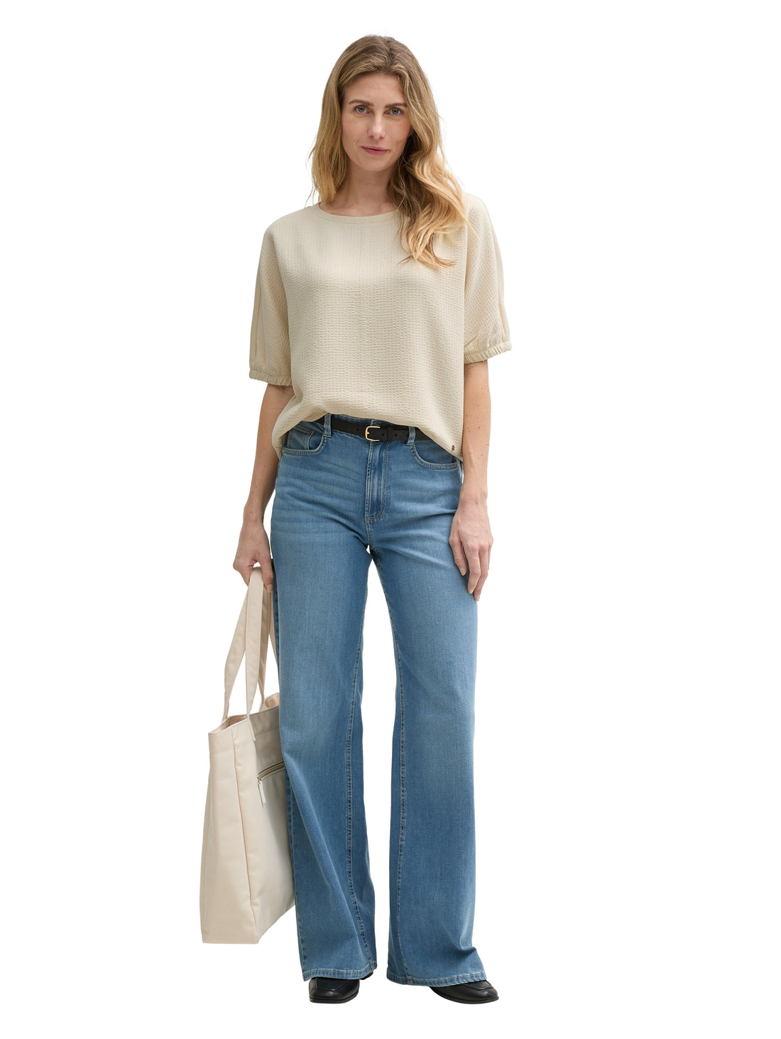 Tom Tailor Denim Damen Halbarm Sweatshirt Material-Mix Seersucker Scuba