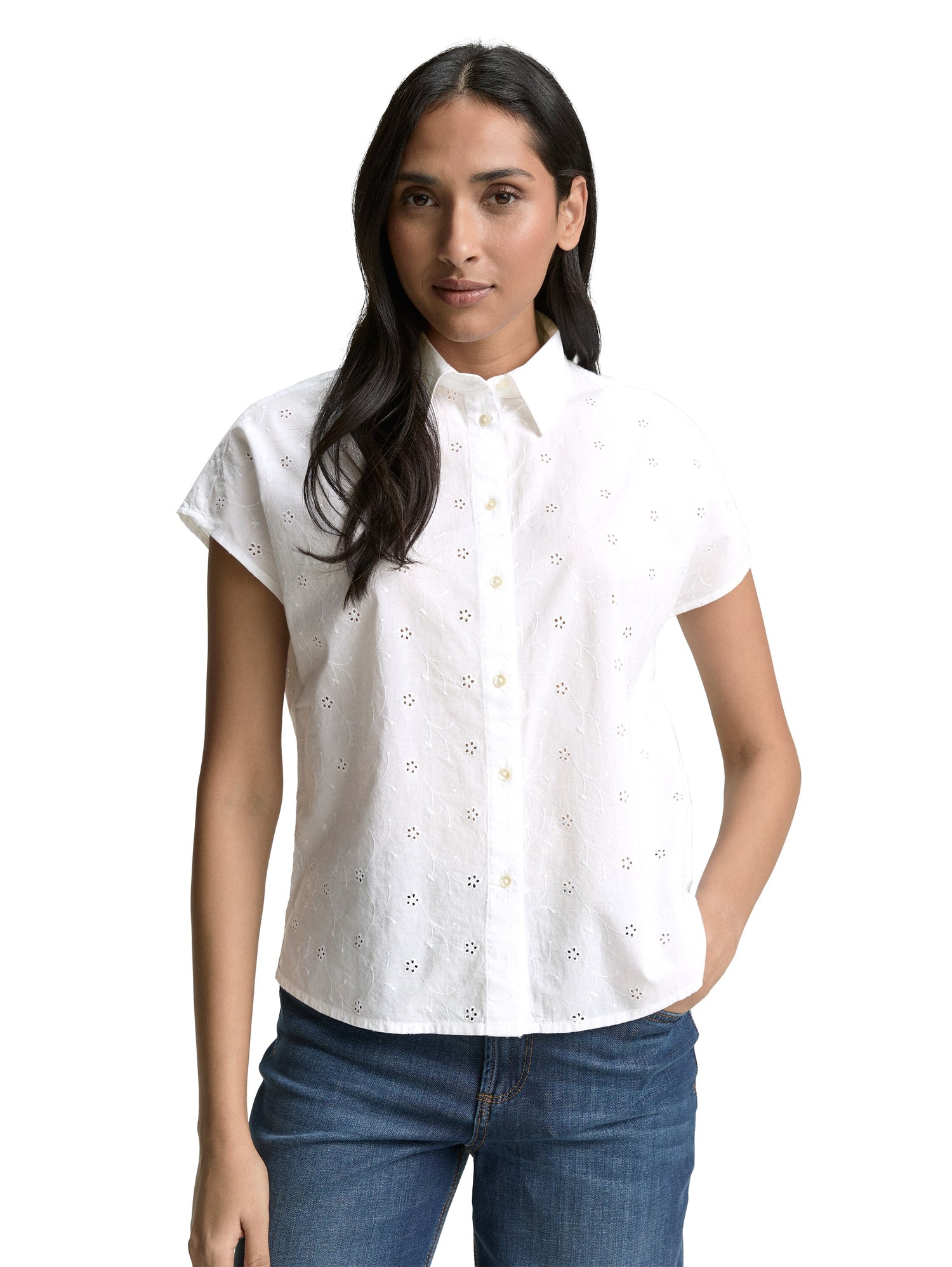 Tom Tailor Denim Bluse aus Baumwolle mit floralen Stickereien für Erwachsene