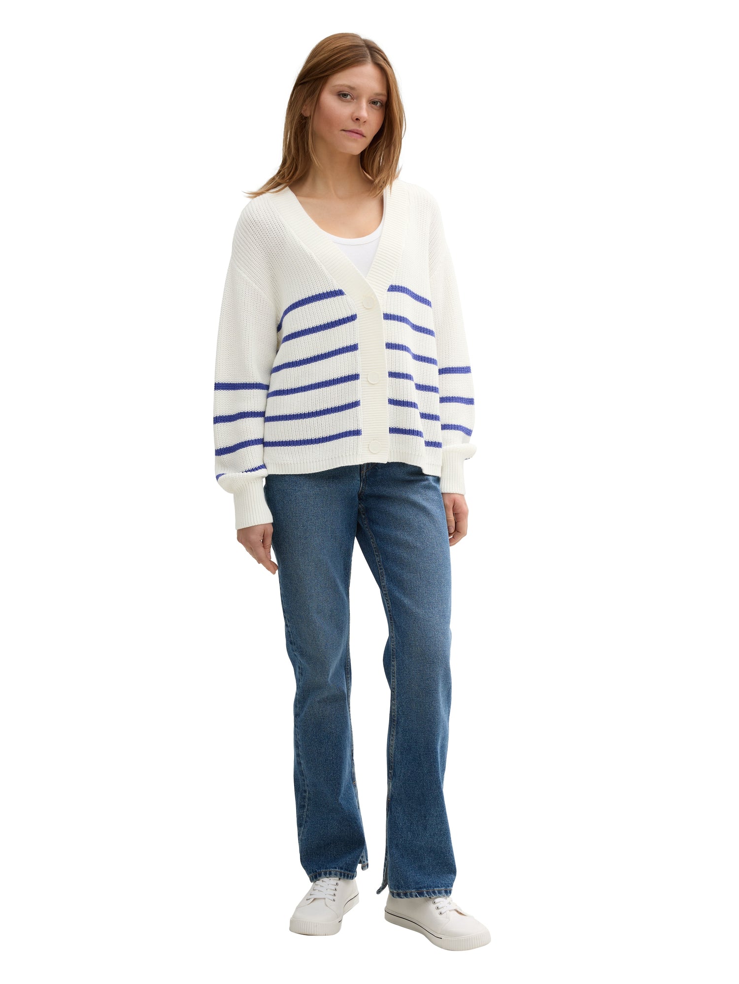 Tom Tailor Denim Female Langarm V-Ausschnitt Shirt Gerippt Baumwolle Polyacryl