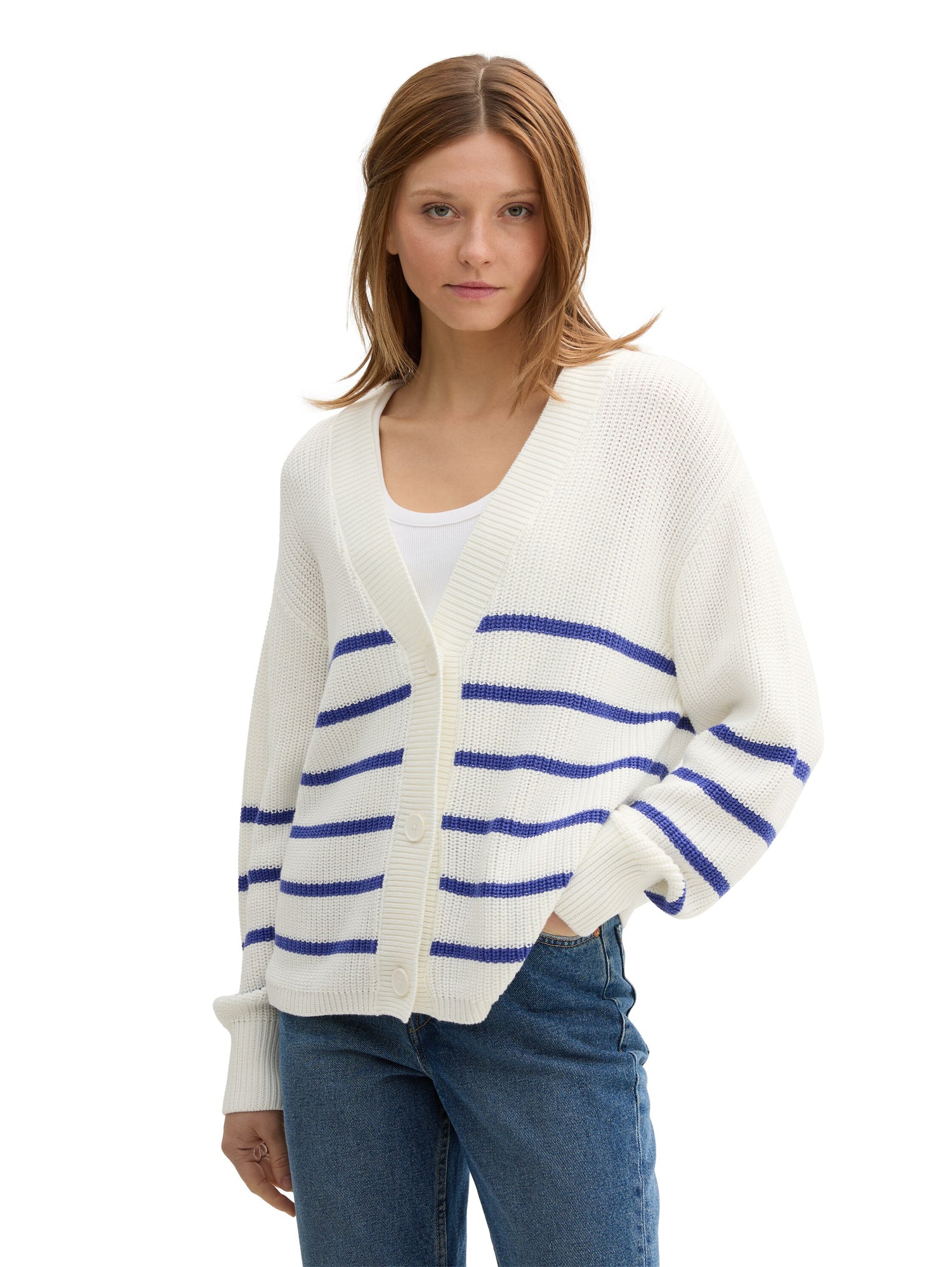 Tom Tailor Denim Female Langarm V-Ausschnitt Shirt Gerippt Baumwolle Polyacryl