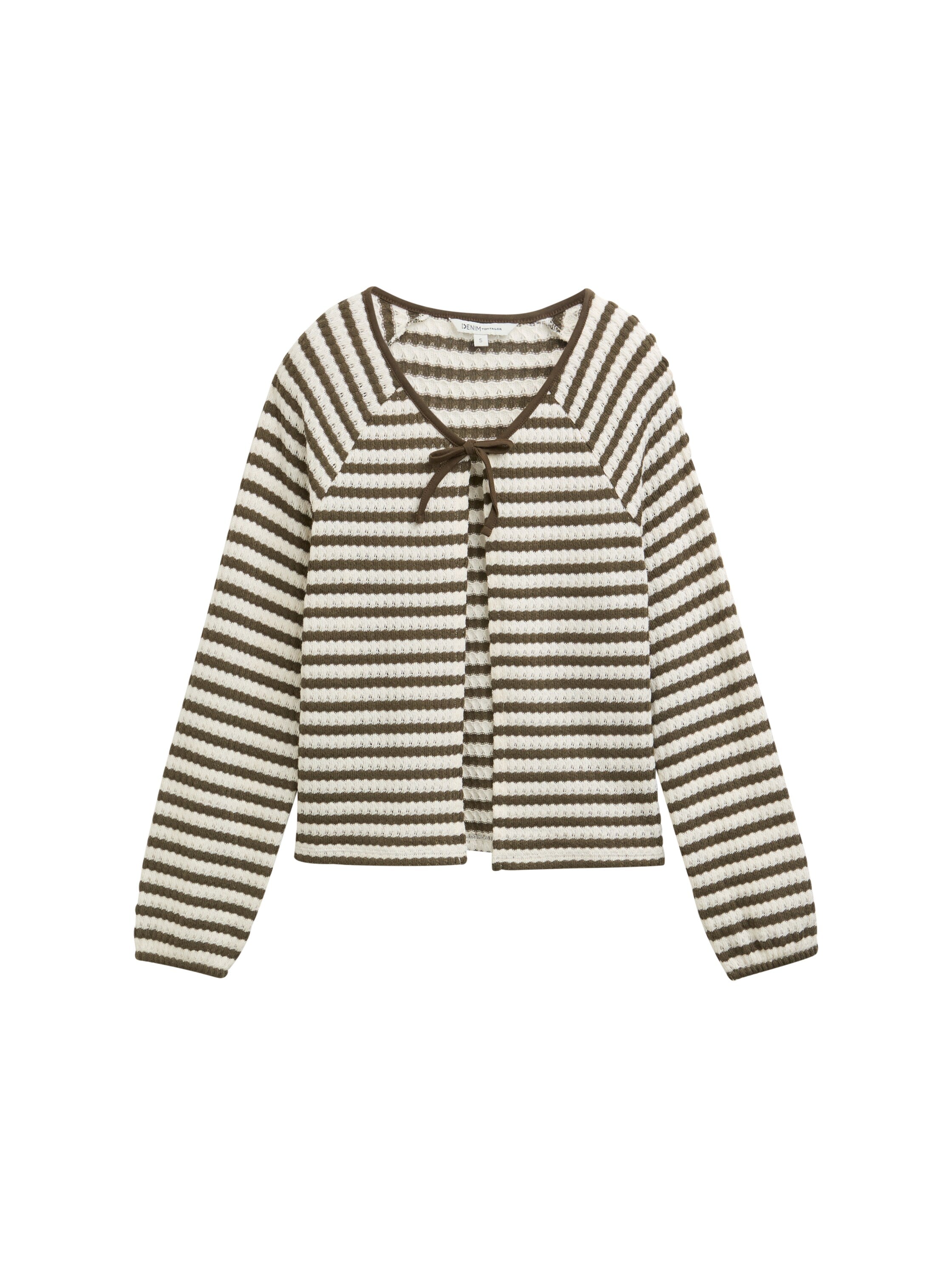 Tom Tailor Denim Damen Cardigan gestreift Jacquard Olive White Stripe Baumwolle Polyester Viskose