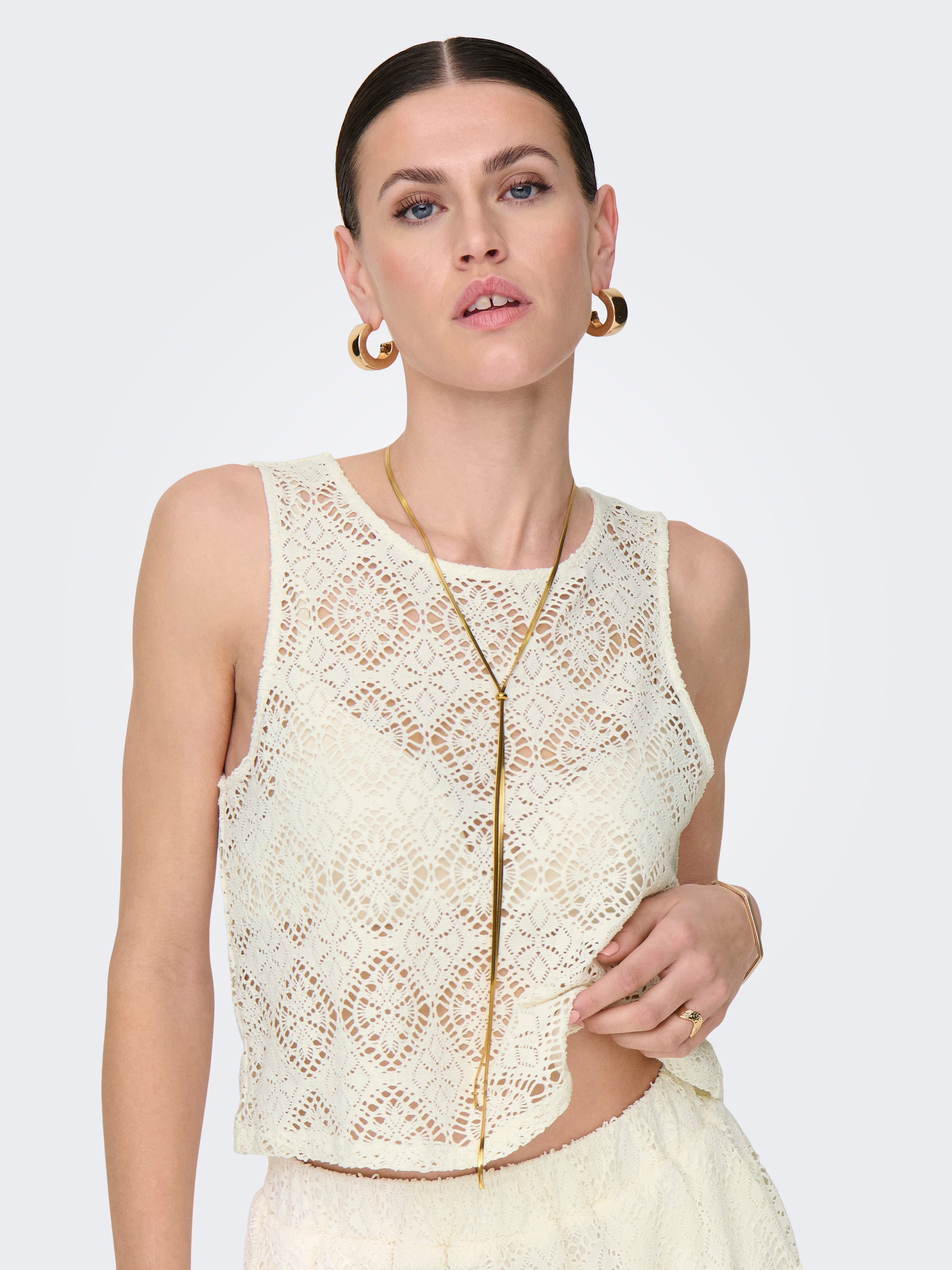 JDY Top Damen Leichtes Spitzen Rundhals Top