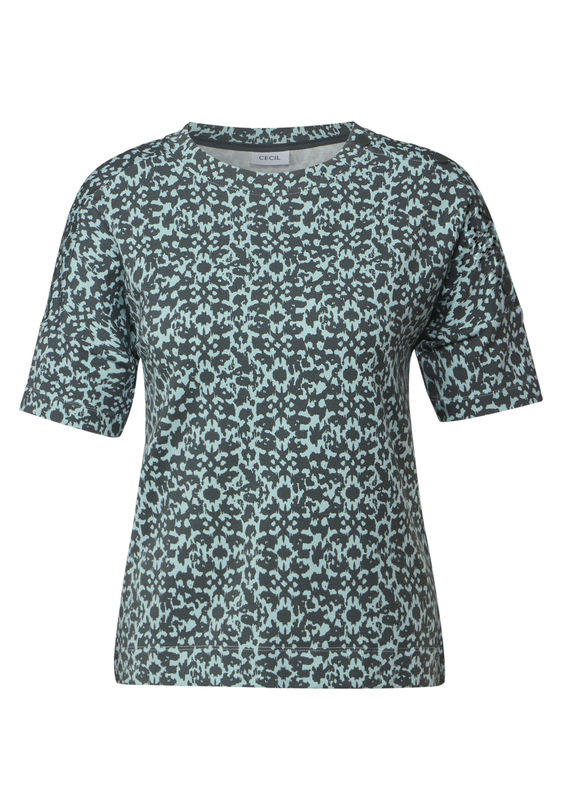 CECIL Kurzarmshirt Damen Minimal Print Knopfdetail Stretch Baumwolle Modal