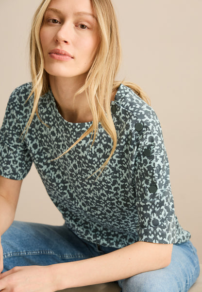 CECIL Kurzarmshirt Damen Minimal Print Knopfdetail Stretch Baumwolle Modal