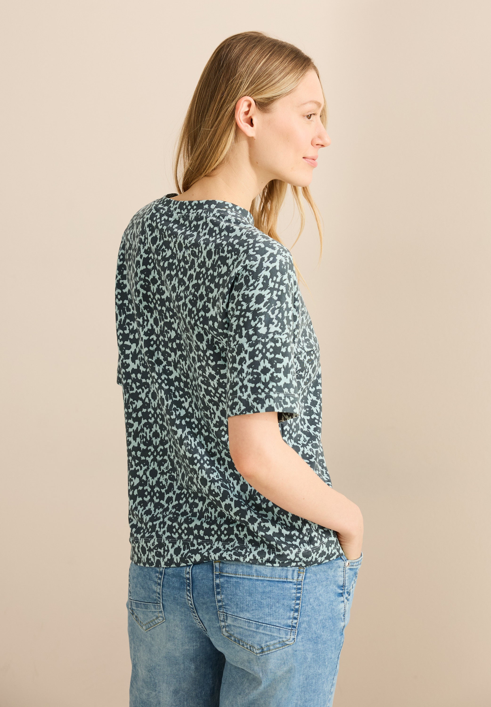 CECIL Kurzarmshirt Damen Minimal Print Knopfdetail Stretch Baumwolle Modal