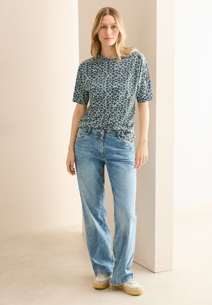 CECIL Kurzarmshirt Damen Minimal Print Knopfdetail Stretch Baumwolle Modal