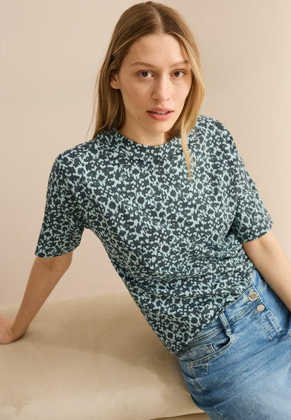 CECIL Kurzarmshirt Damen Minimal Print Knopfdetail Stretch Baumwolle Modal