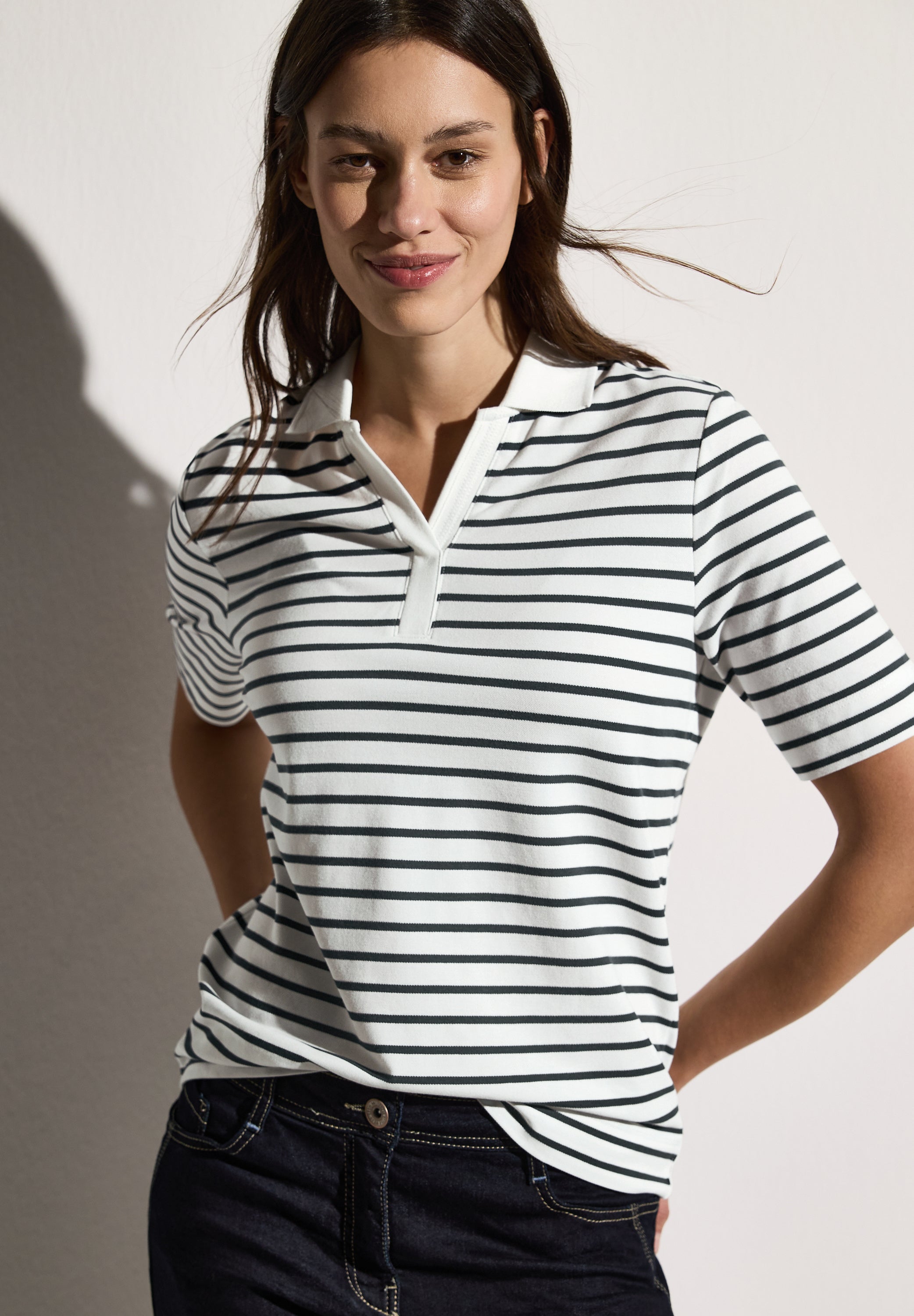 CECIL Gestreiftes Piquée Poloshirt Damen Sportives Kurzarmshirt