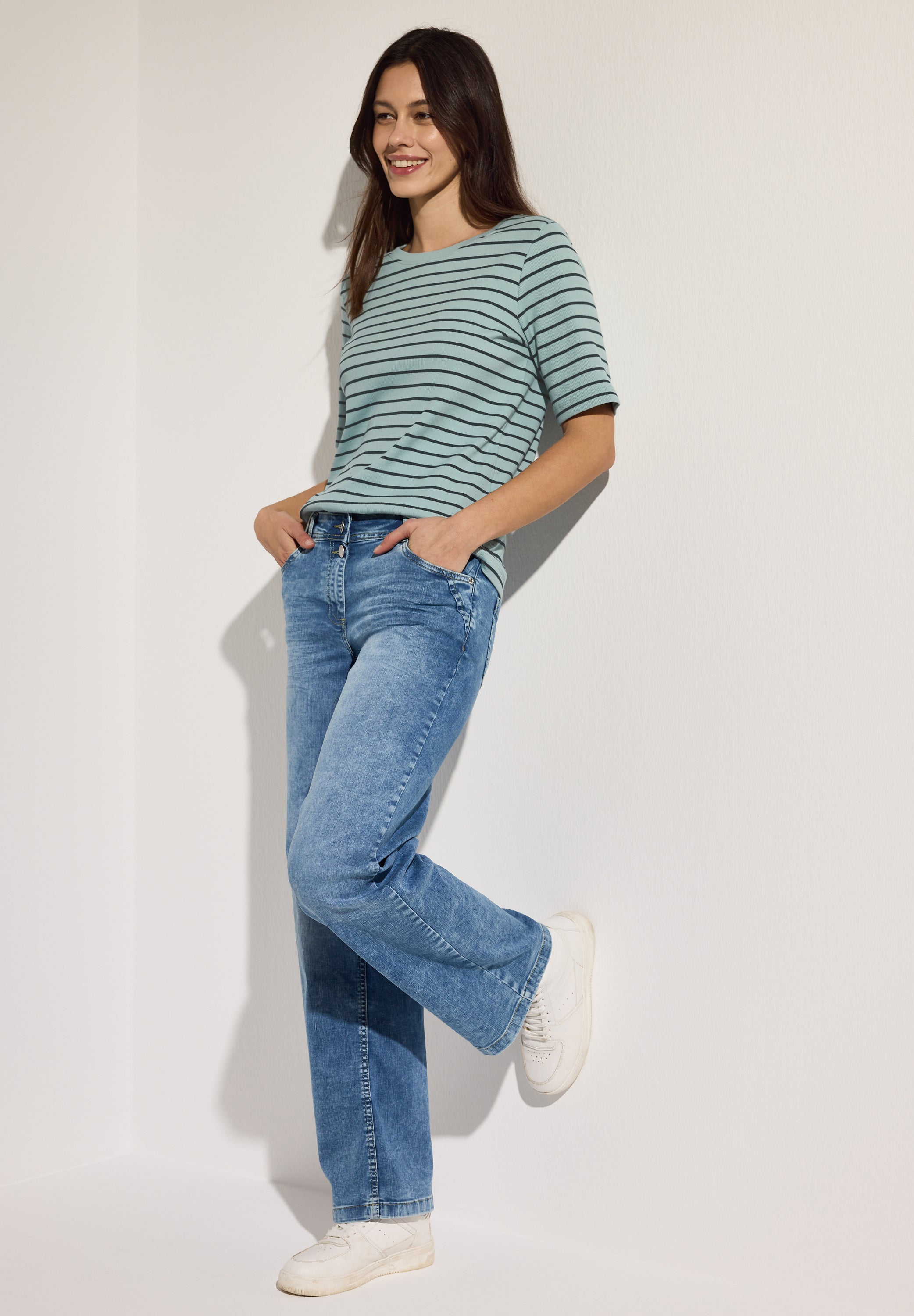CECIL Damen T-Shirt Kurzarm Baumwollmix Rippstruktur