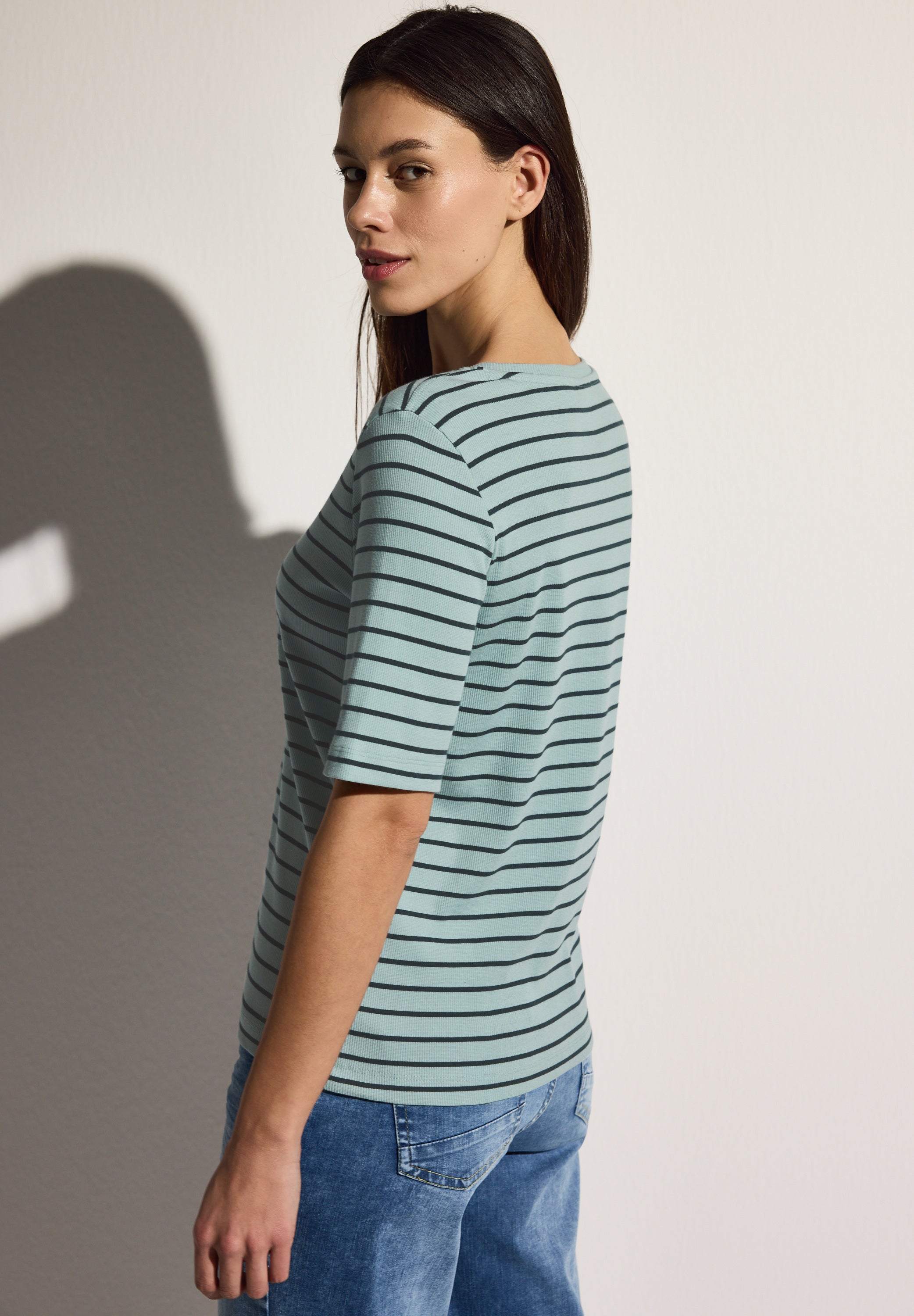 CECIL Damen T-Shirt Kurzarm Baumwollmix Rippstruktur