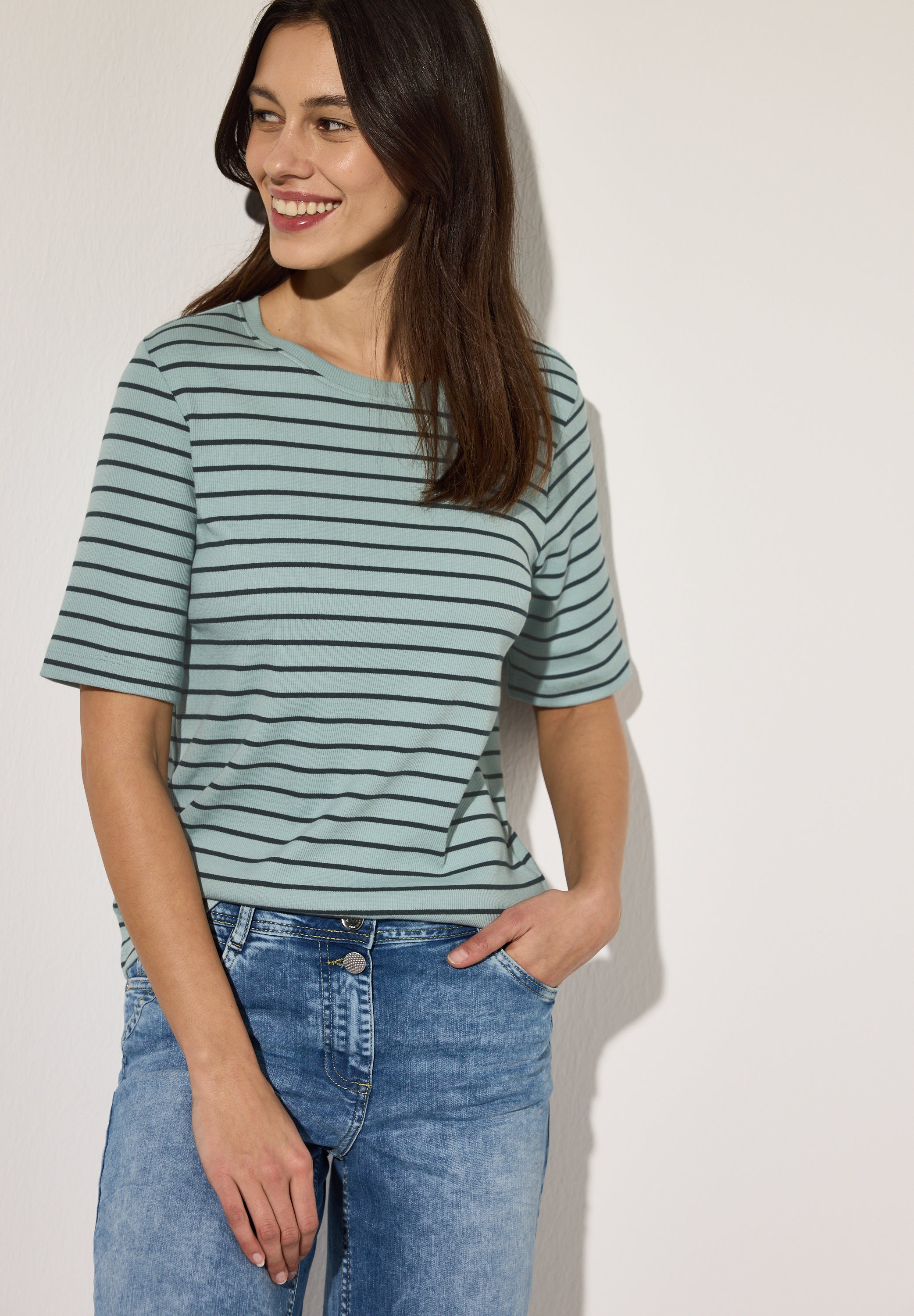 CECIL Damen T-Shirt Kurzarm Baumwollmix Rippstruktur