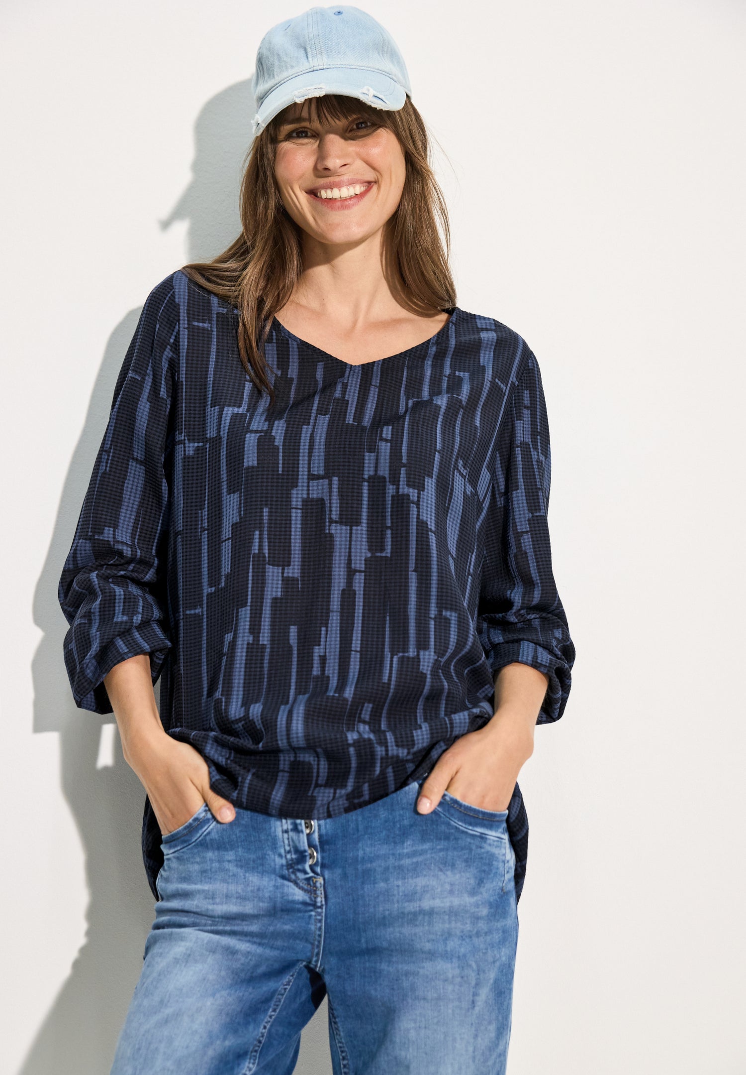 CECIL Bedruckte Bluse Damen V-Ausschnitt Langarm Raffung Viskosemix