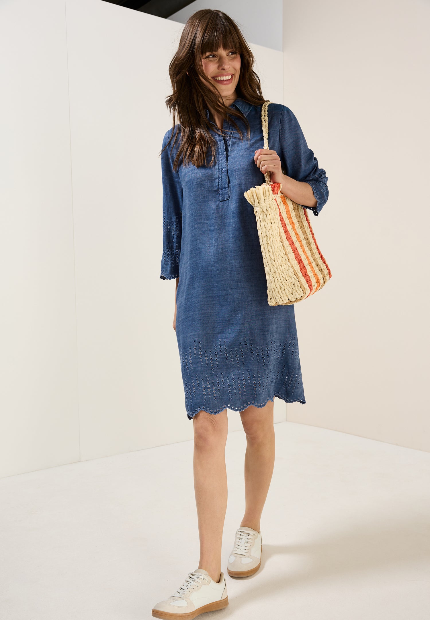 CECIL Knielanges Jeanskleid Damen Sommerliches Denim Kleid Blau