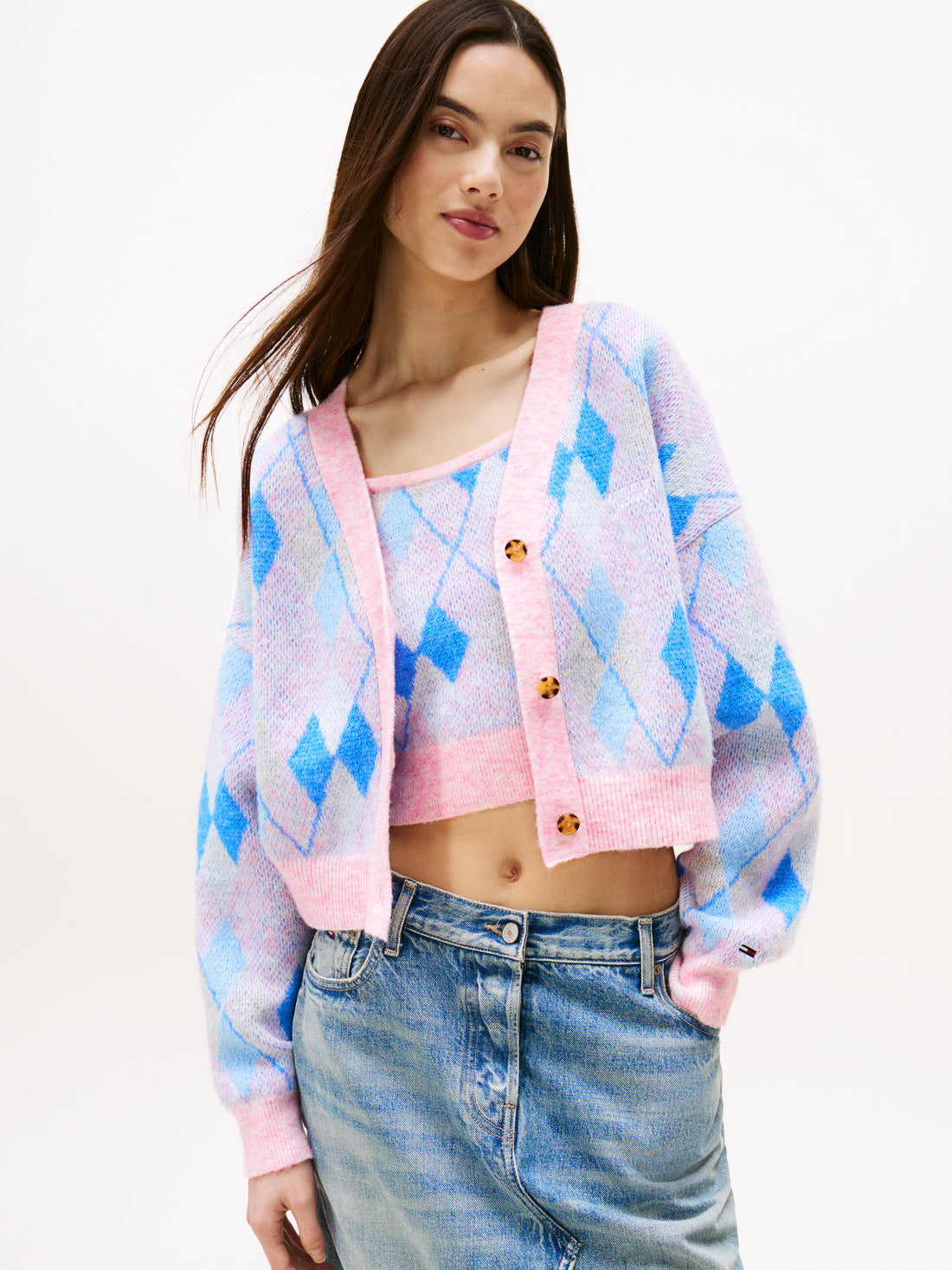 TJW CROP ARGYLE CARDIGAN
