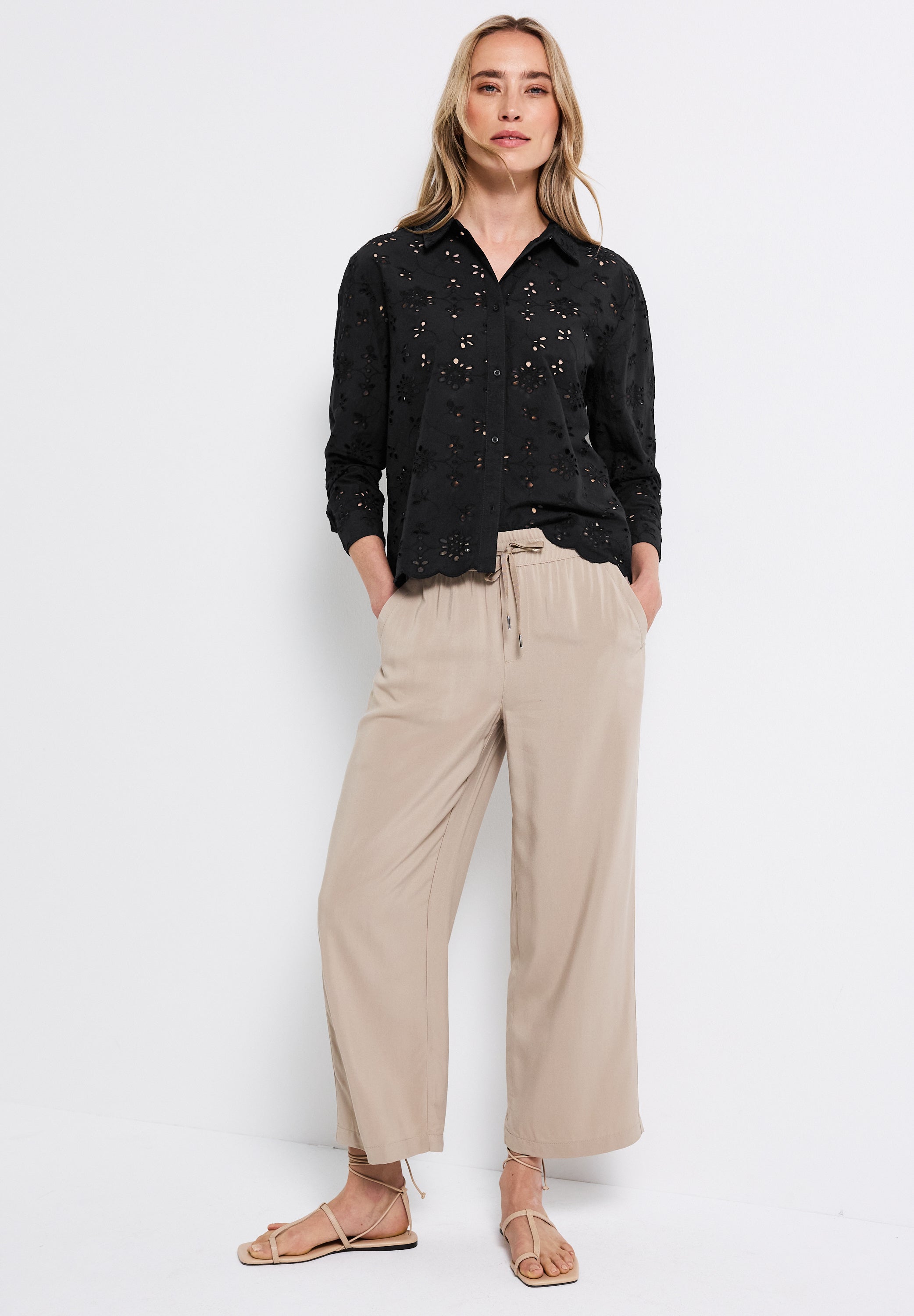 Street One Langarmbluse Damen Sommerliche Lochstickerei Baumwolle