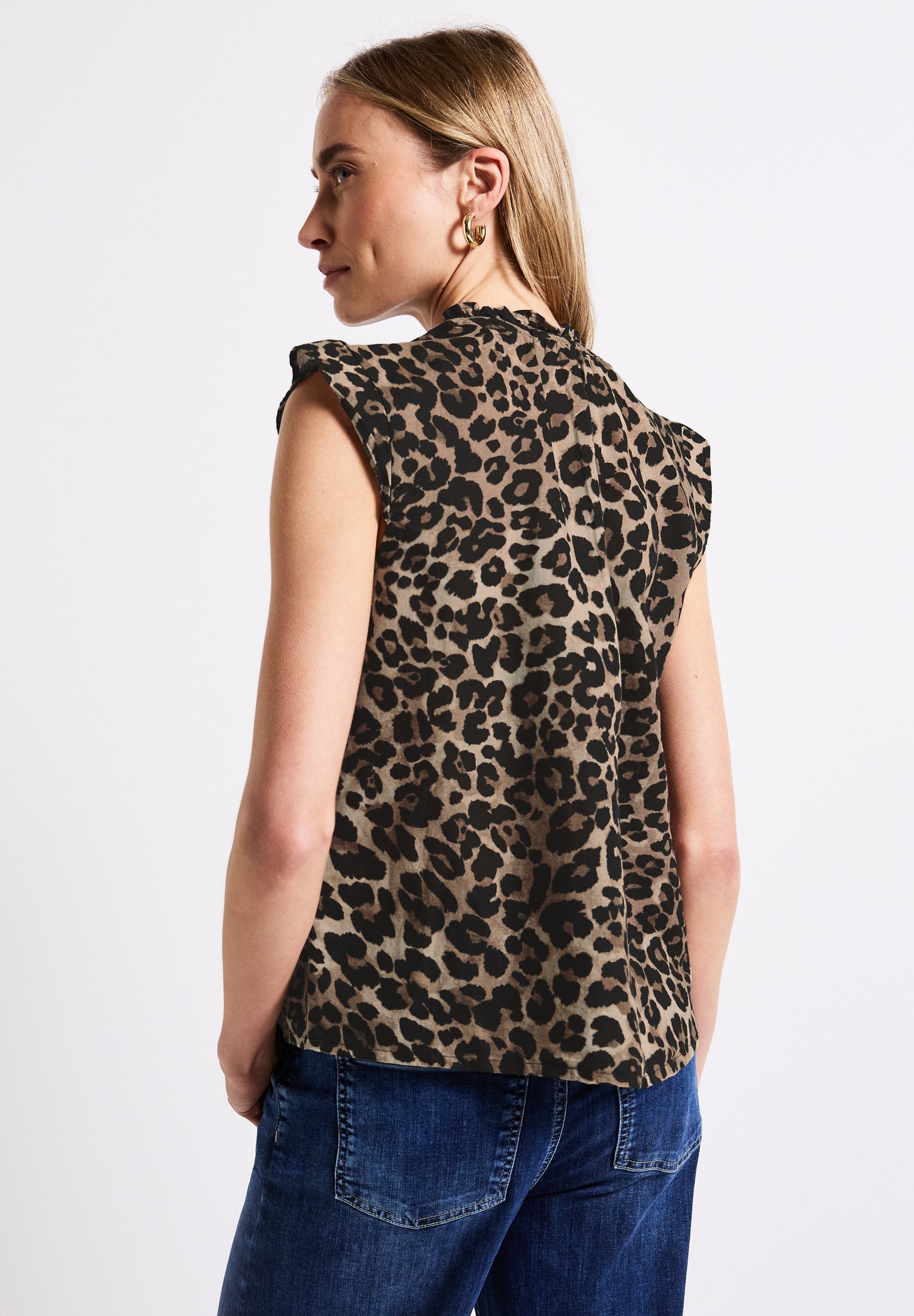 Street One Bluse Damen Animal Print Rüschendetails Leinen-Baumwollmix