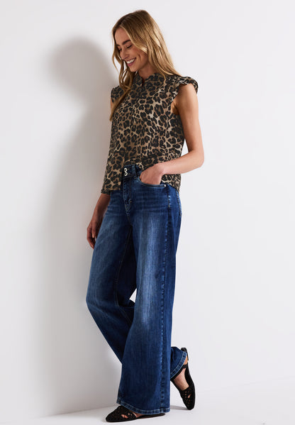 Street One Bluse Damen Animal Print Rüschendetails Leinen-Baumwollmix