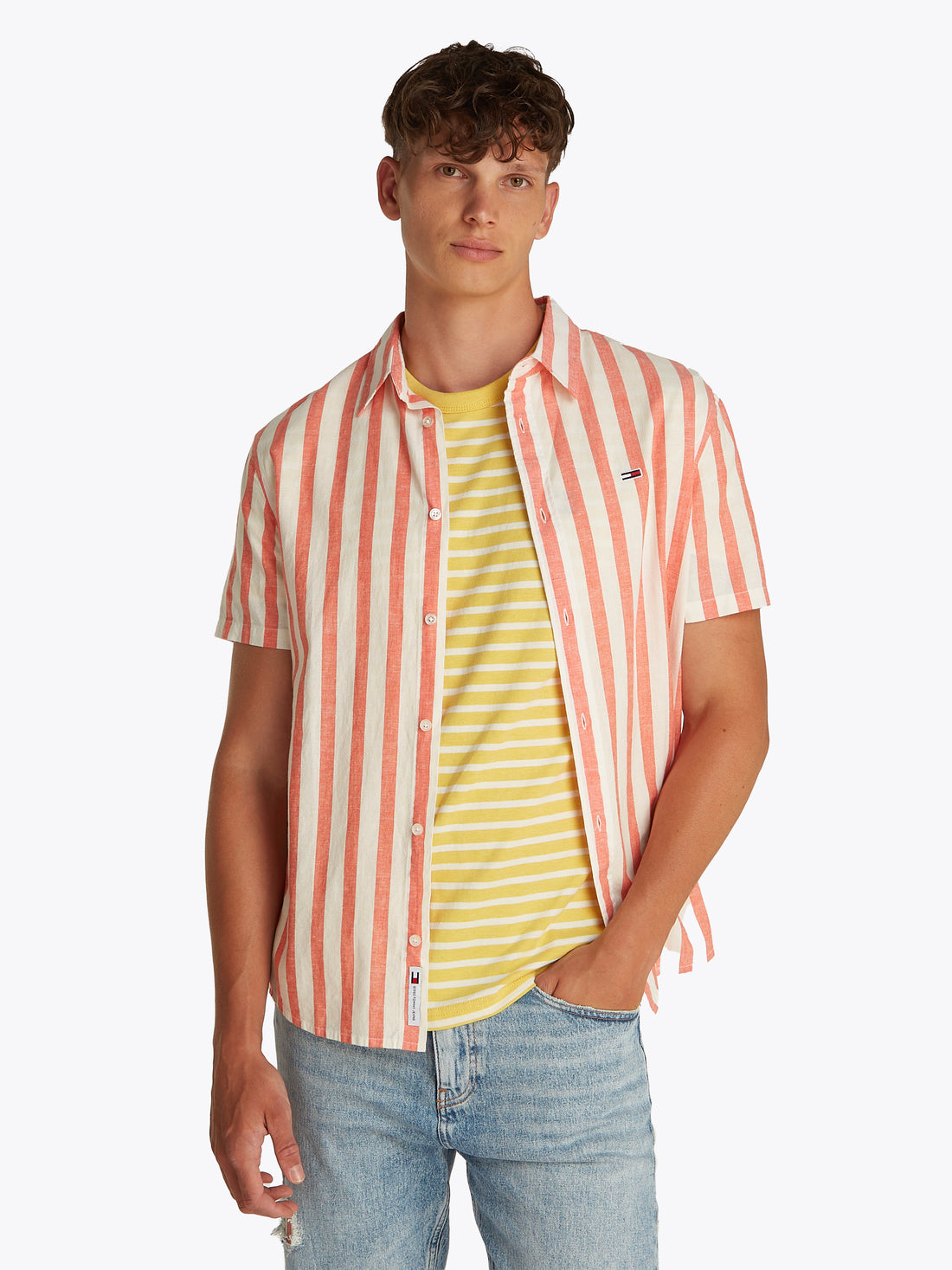 Theur Leinen Baumwollhemd für Herren in Ecru/Bright Vermillion
