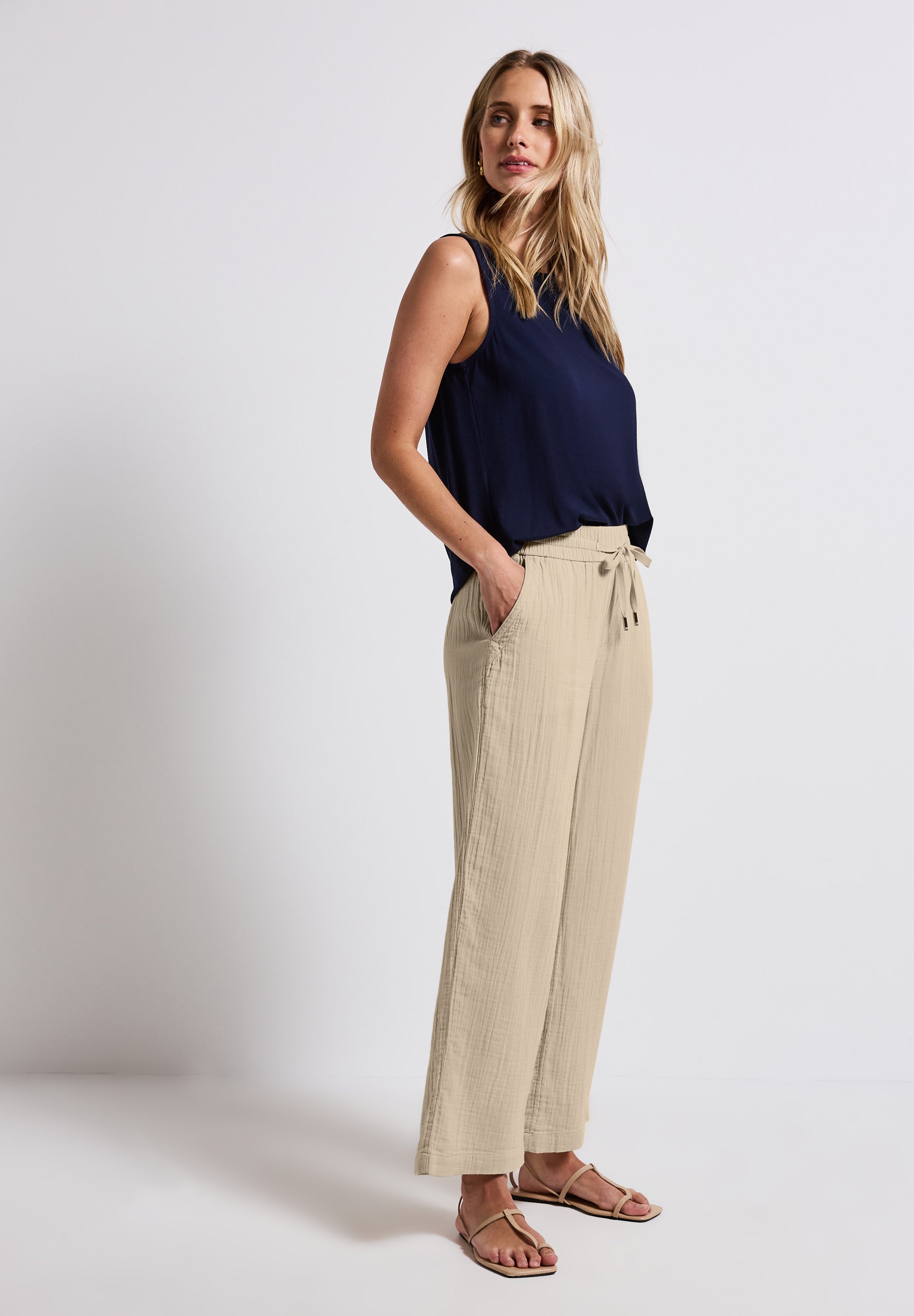 Street One Musselin Hose Damen Loose Fit High Waist Wide Legs