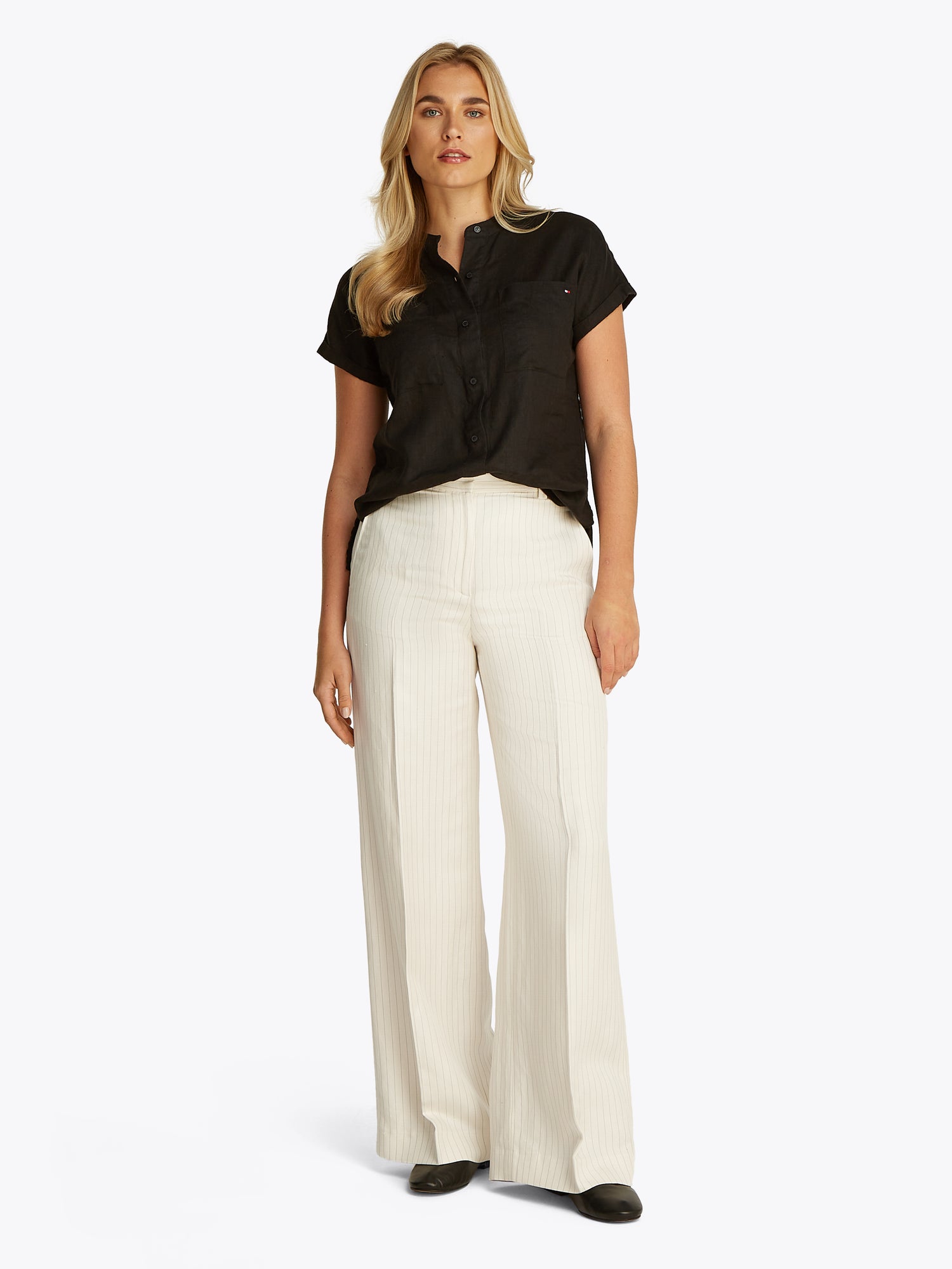 Theur VISCOSE LINEN WIDE LEG PANTS Damen cream/ grey pinstripe
