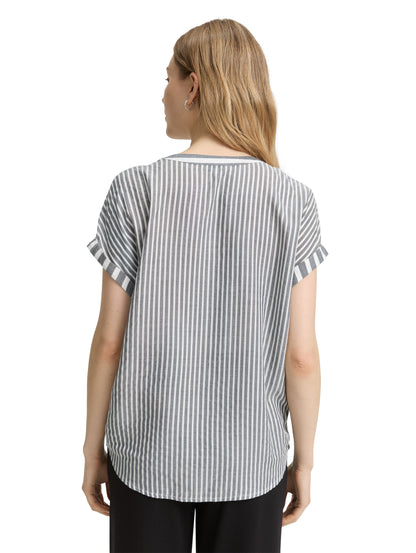 Tom Tailor Denim Gestreifte Loose Fit Bluse V-Ausschnitt Damen Sommer