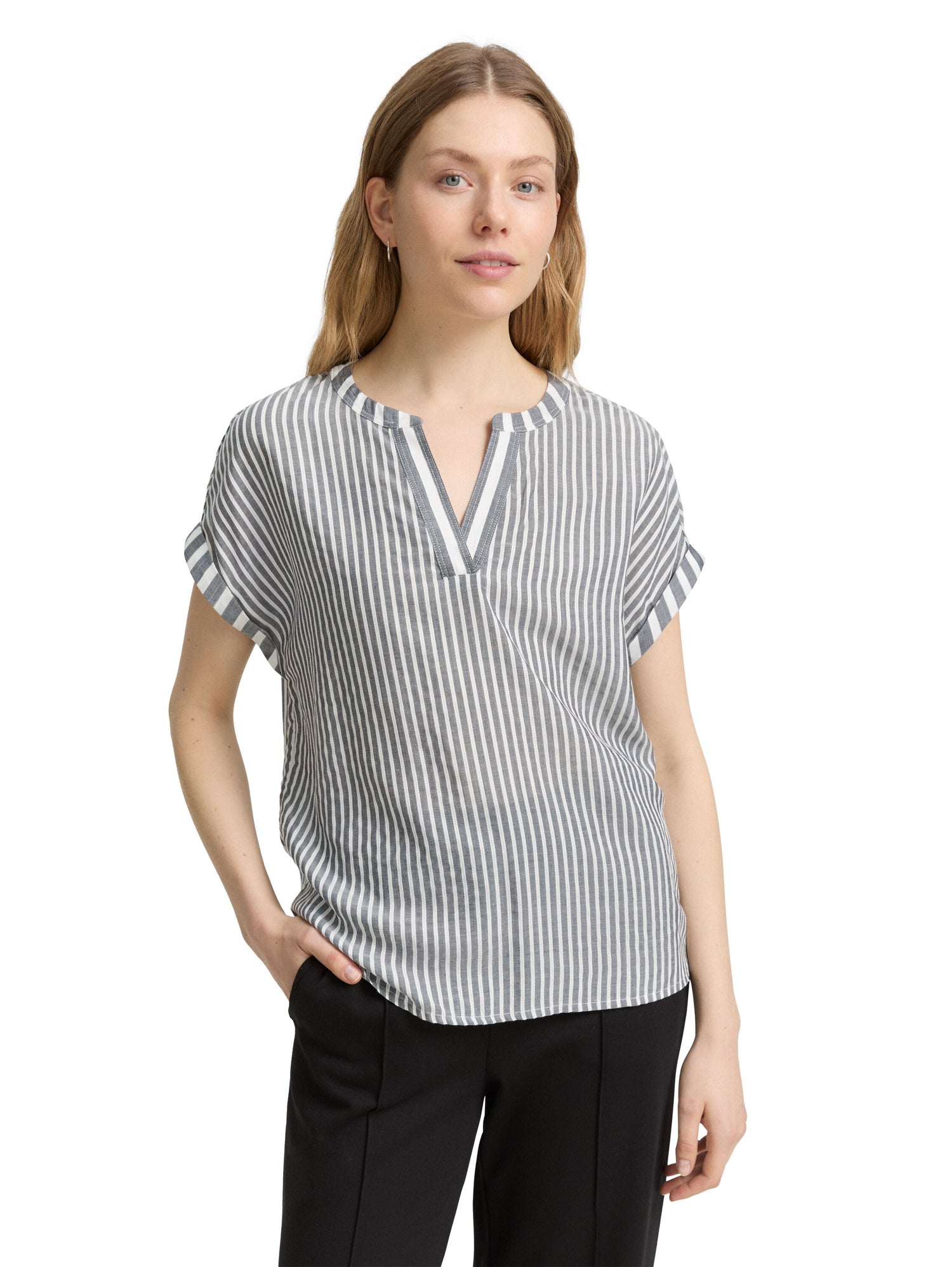 Tom Tailor Denim Gestreifte Loose Fit Bluse V-Ausschnitt Damen Sommer