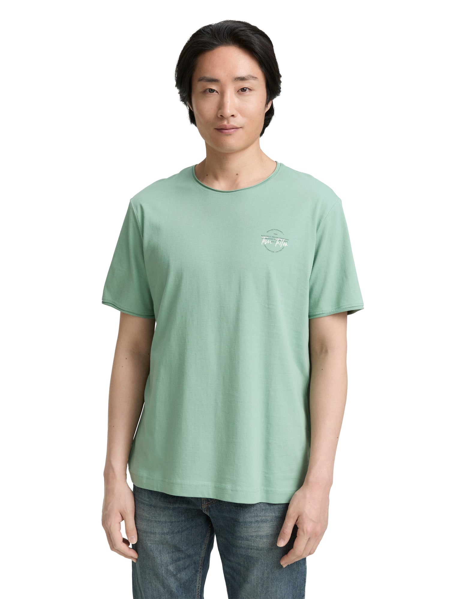 Tom Tailor Denim Basic T-Shirt Herren mit Logo-Print und gerollten Saumkanten