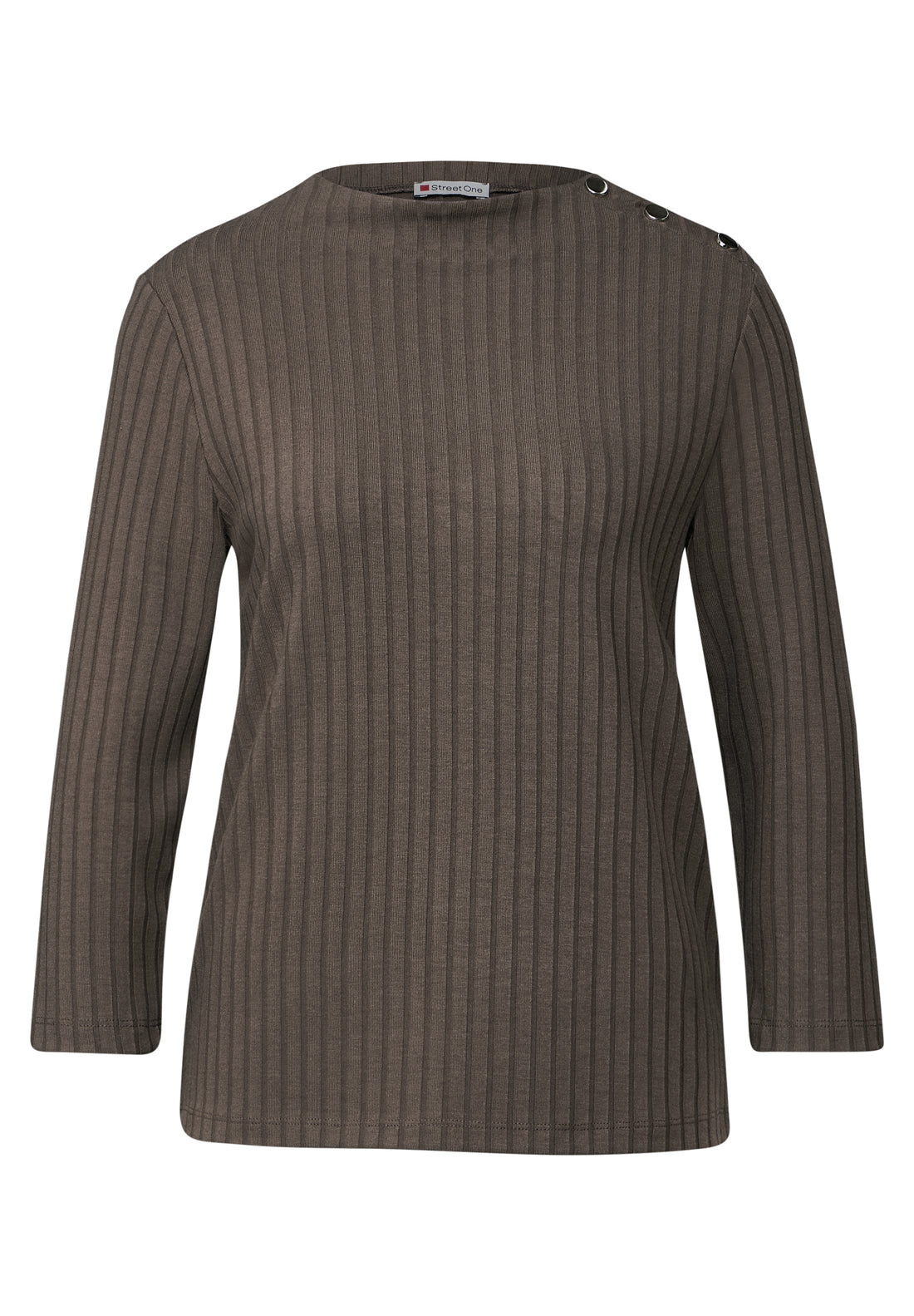 Street One Damen Shirt Turtleneck mit Knopfdetail und 3/4-Arm Rippstruktur