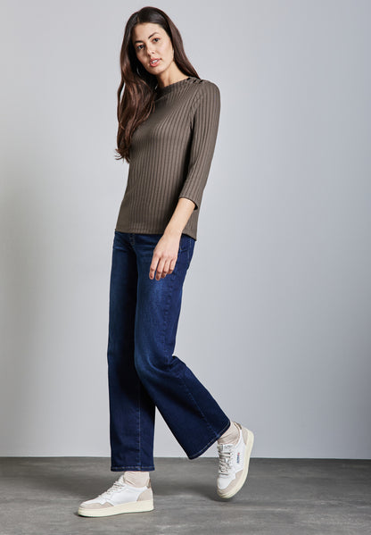 Street One Damen Shirt Turtleneck mit Knopfdetail und 3/4-Arm Rippstruktur